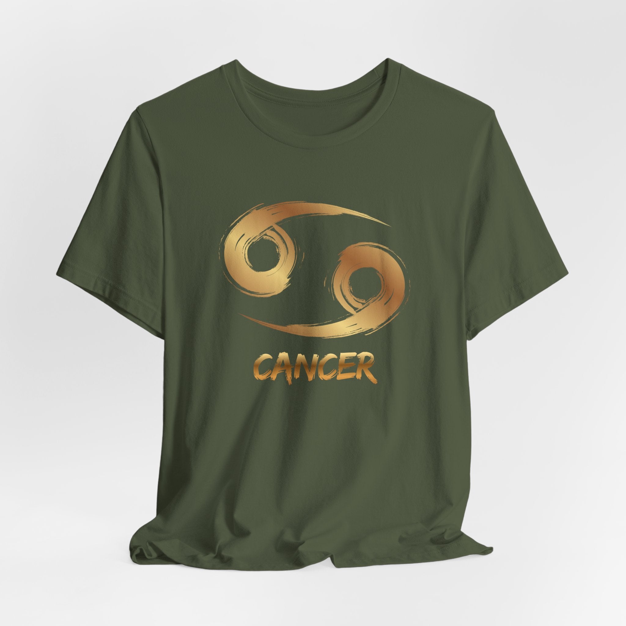Green t-shirt with gold Cancer zodiac symbol on a white background