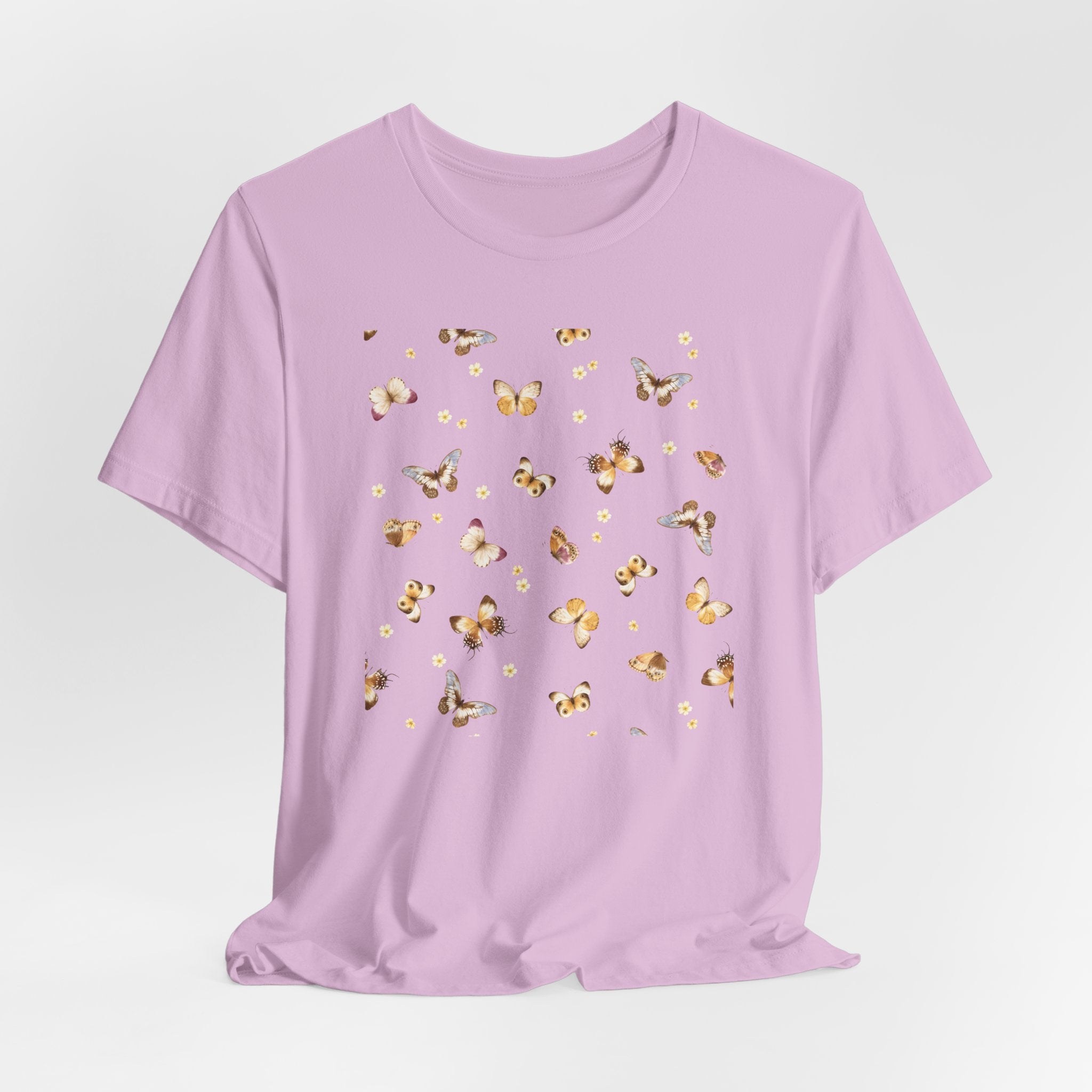 Purple t-shirt with gold butterfly designs on a light gray background