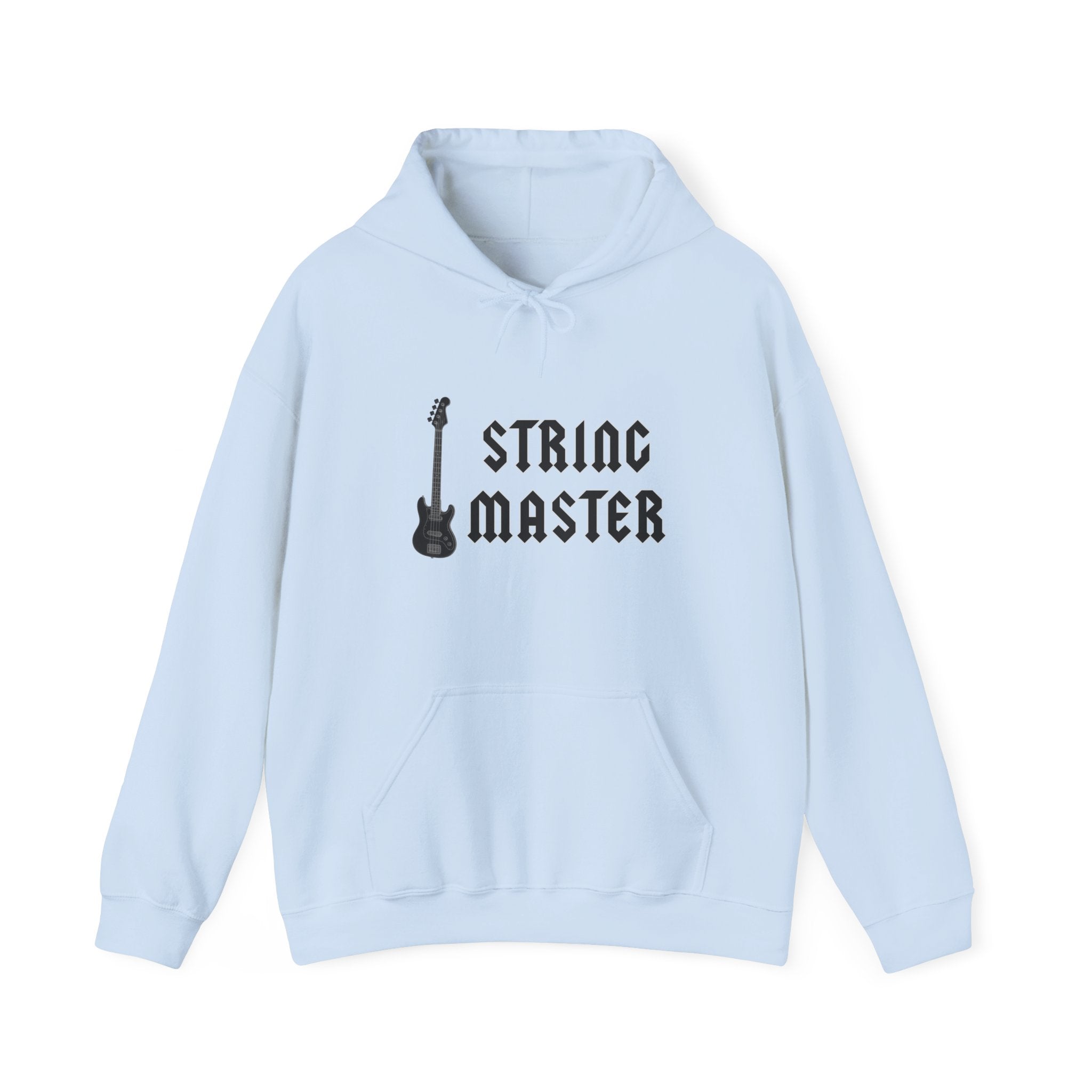 Light blue hoodie with 'String Master' text and guitar graphic on a white background
