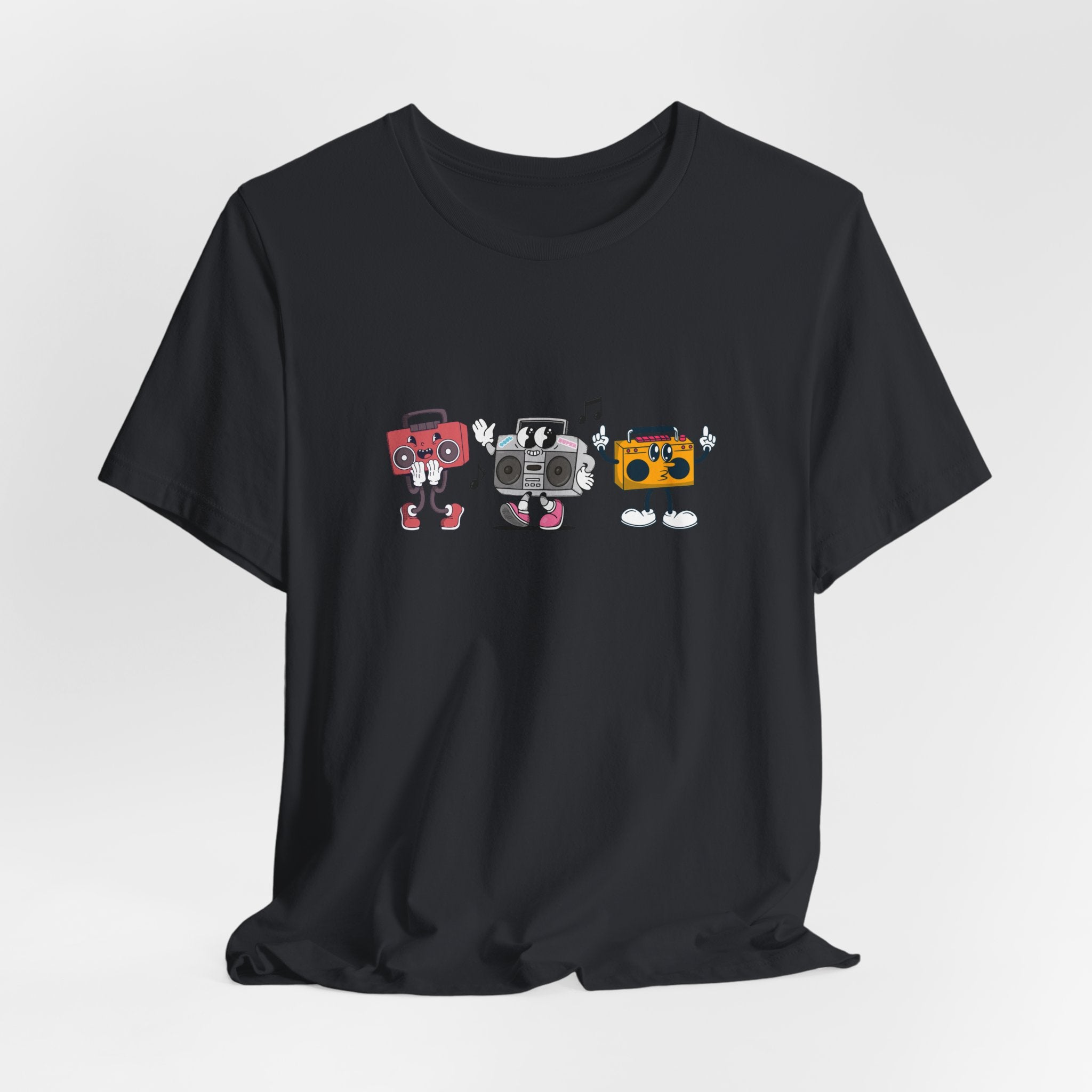 Black t-shirt with cartoon boombox design on a white background