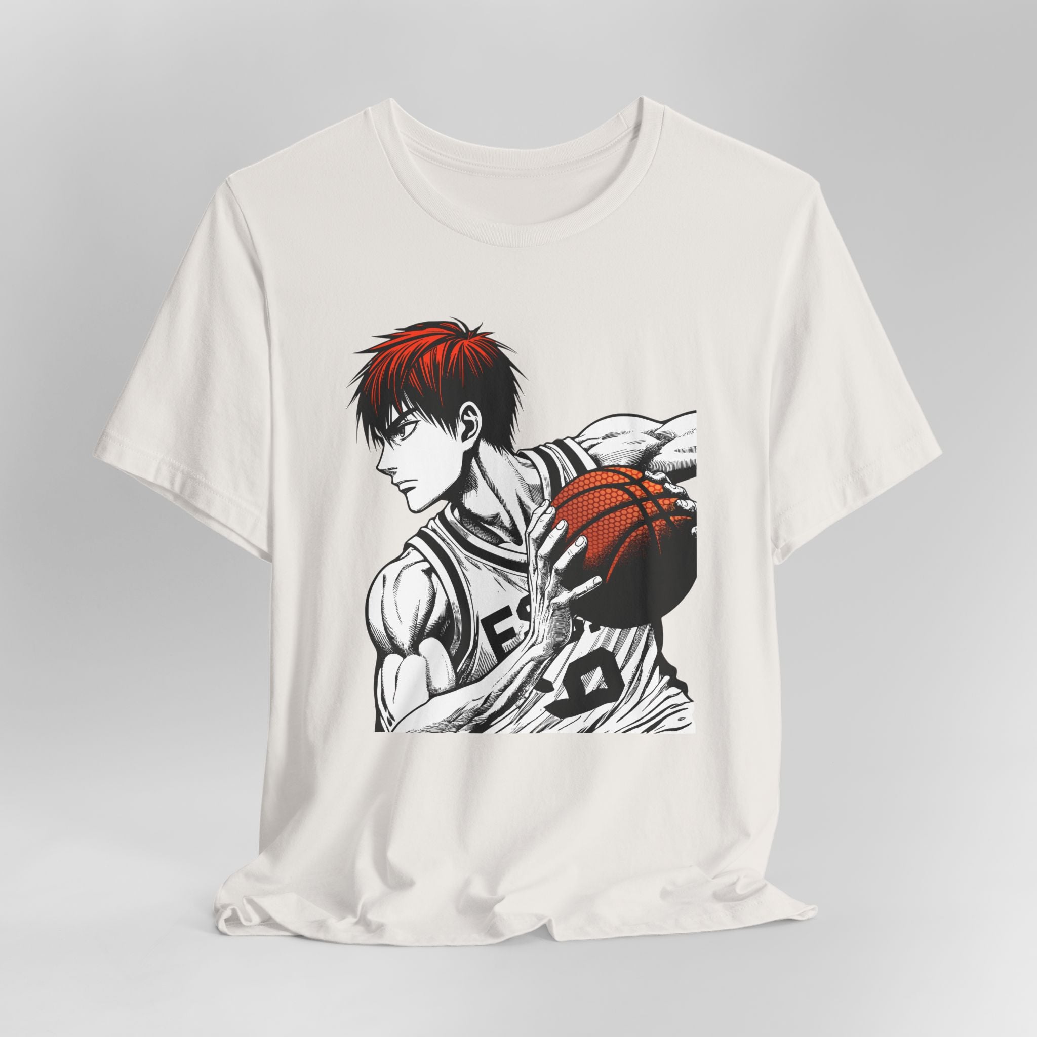 White t-shirt with an anime-style graphic of a character holding a basketball on a gray background