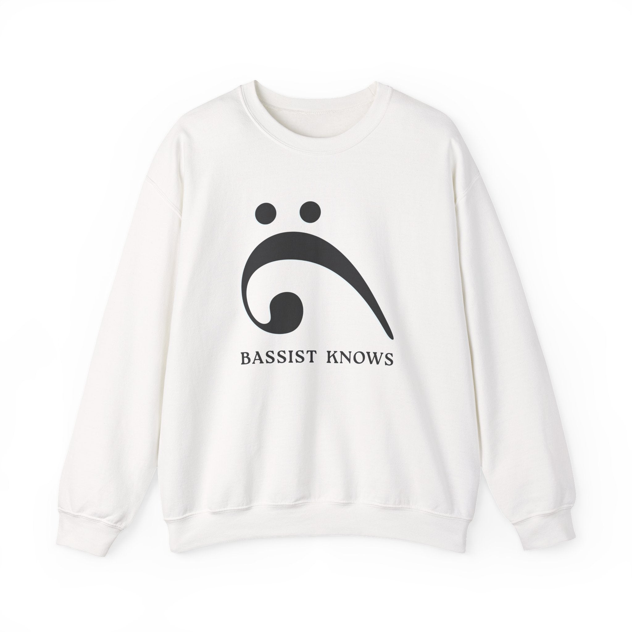 White sweatshirt with a black bass clef graphic and "Bassist Knows" text on a white background