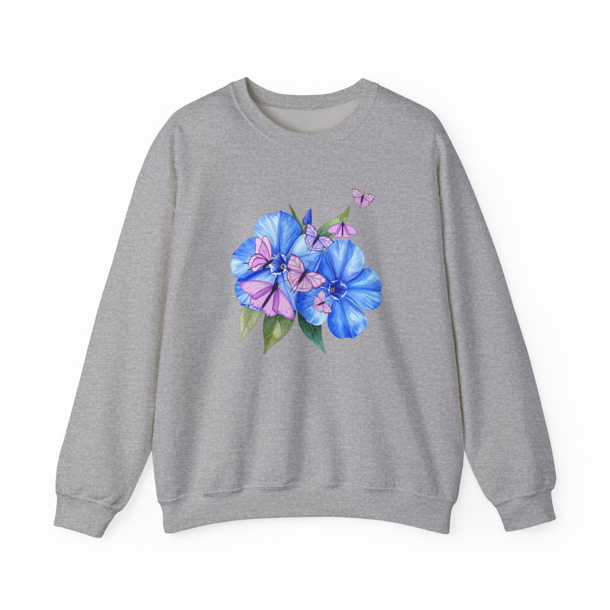 Gray sweatshirt with a flower and butterfly design on a white background