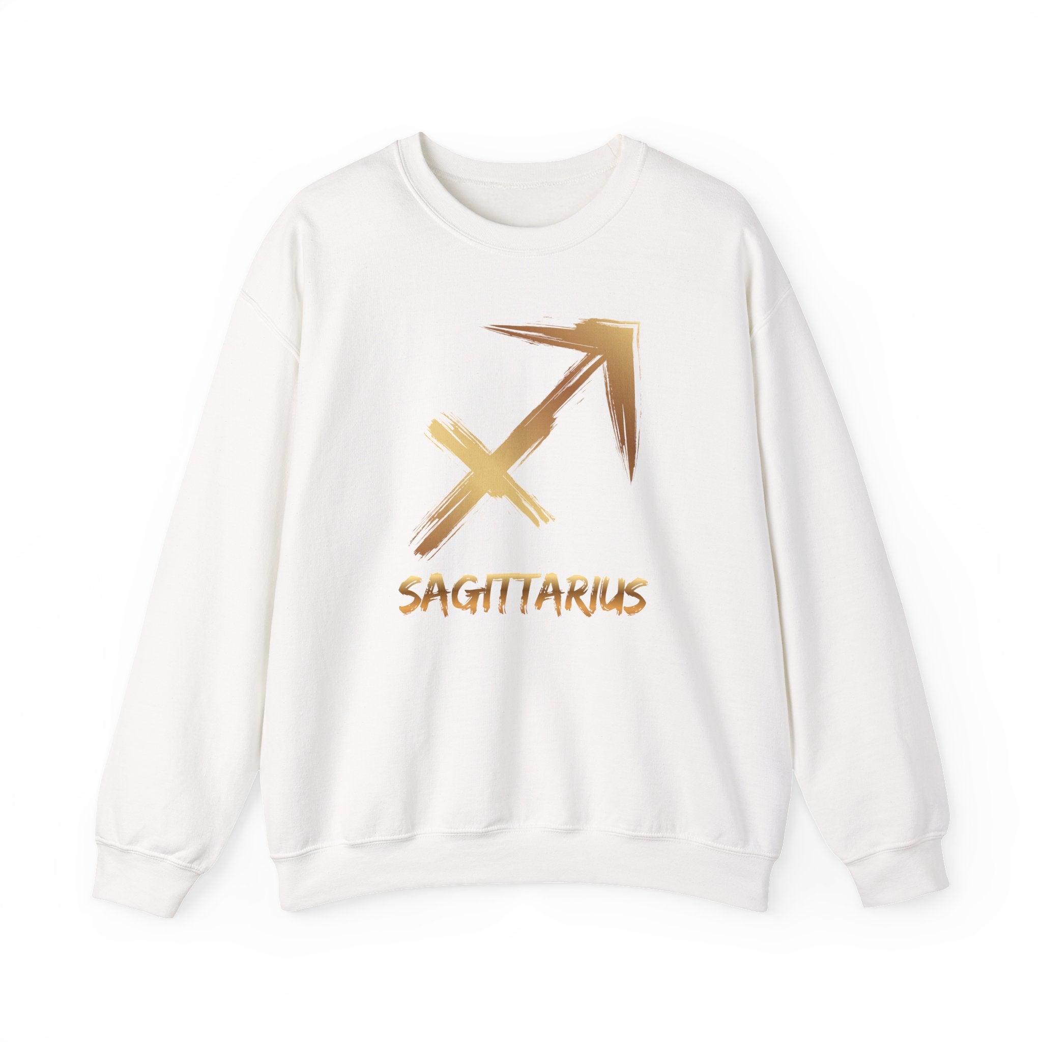 White sweatshirt with gold Sagittarius symbol and text on a white background