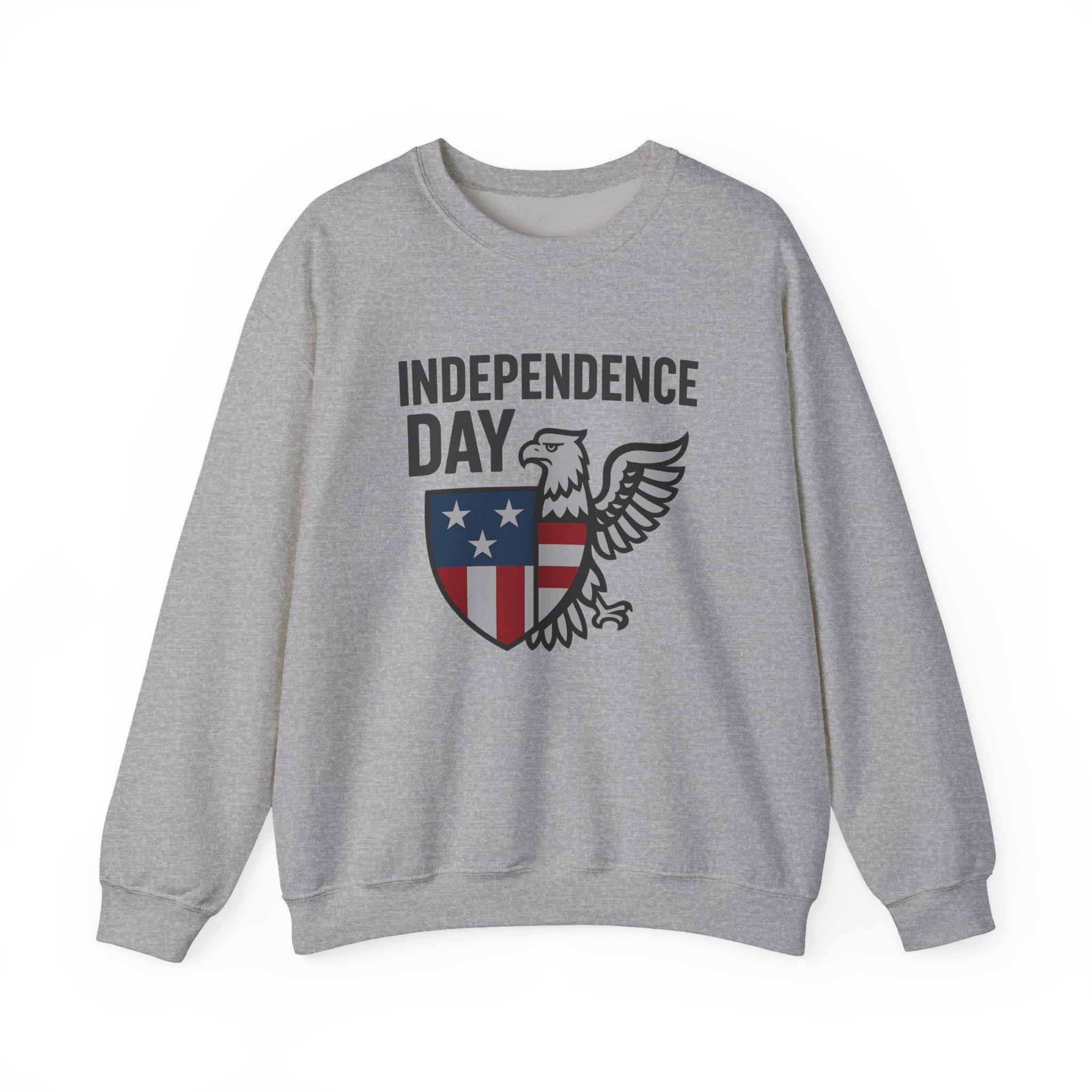 Gray sweatshirt with 'Independence Day' design featuring an eagle and shield on a white background
