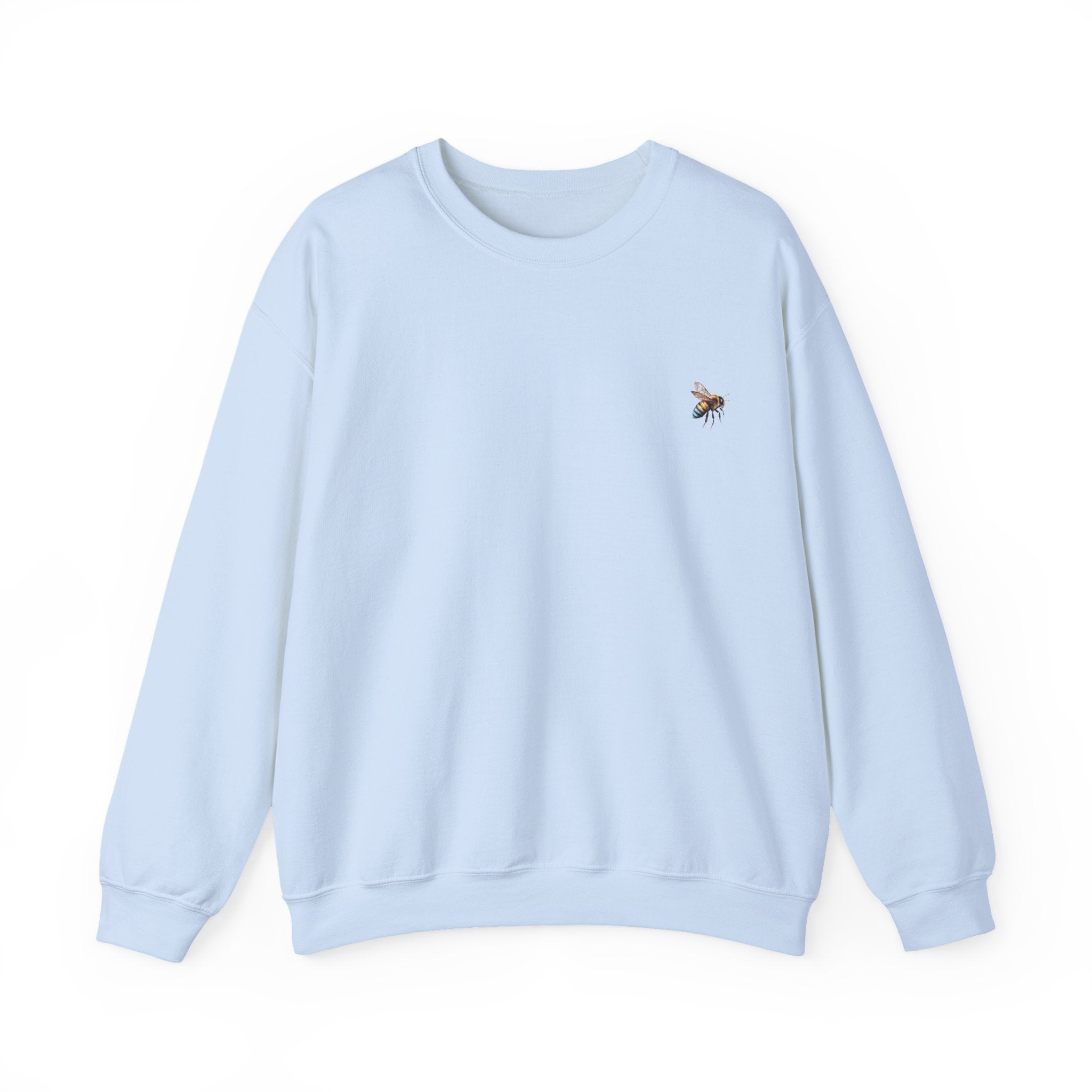 Light blue sweatshirt with a small bee logo on a white background