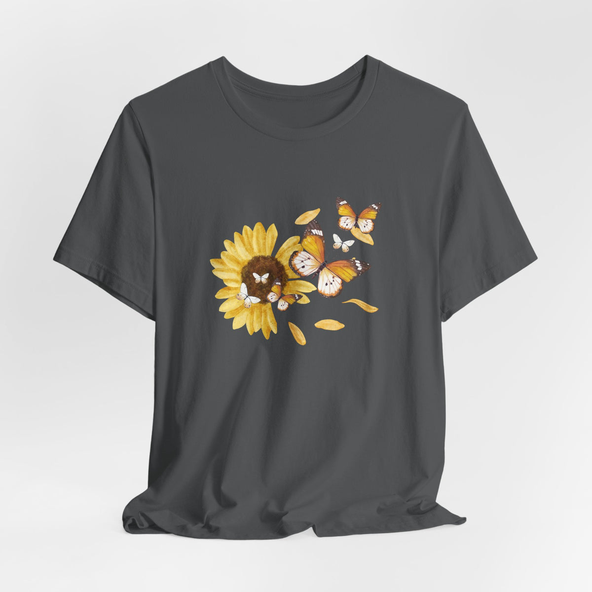 Gray t-shirt with a sunflower and bear graphic on a white background