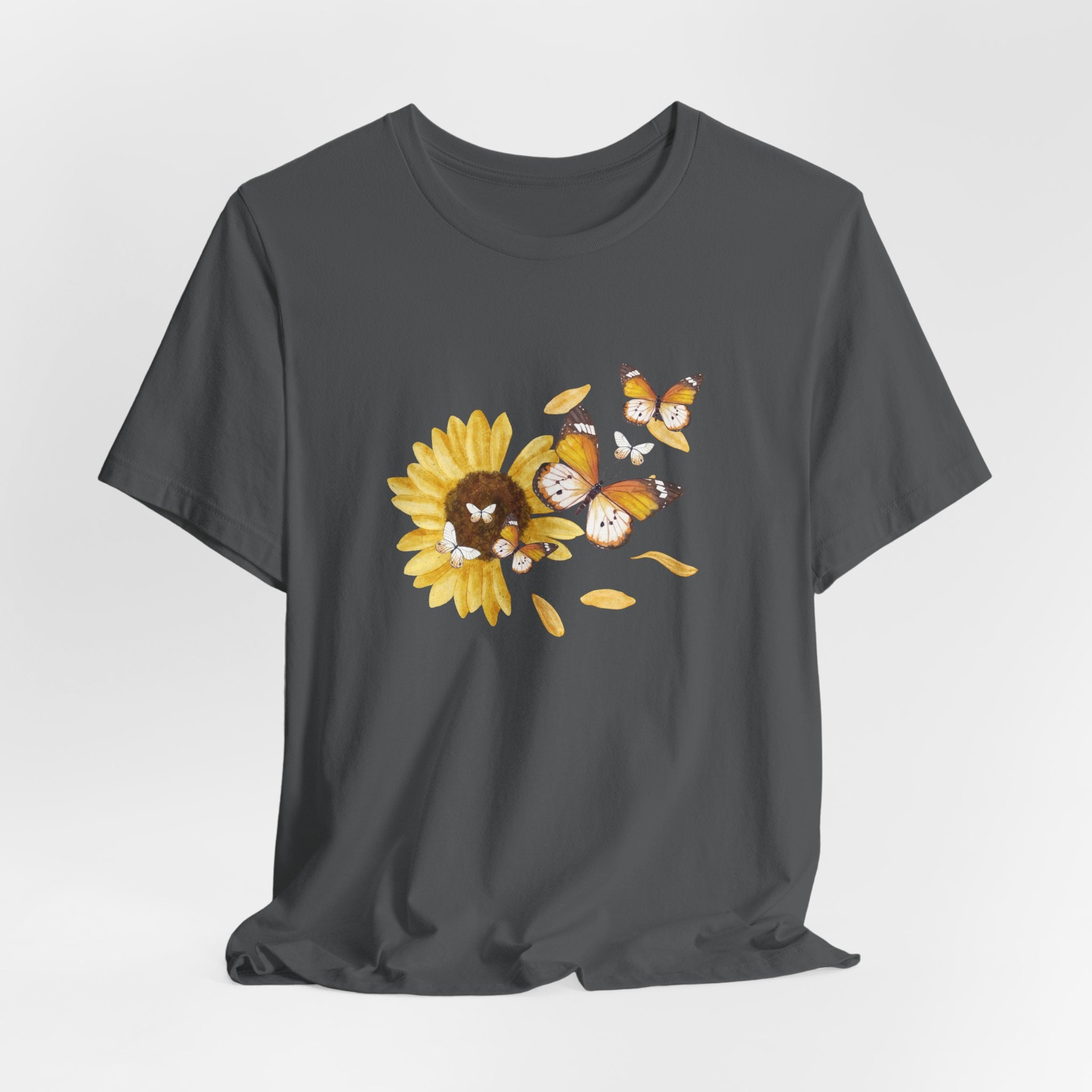 Gray t-shirt with a sunflower and bear graphic on a white background