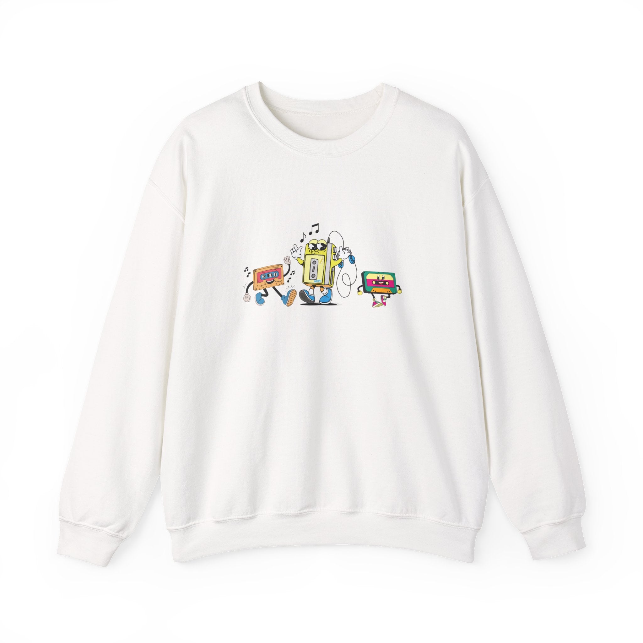 White sweatshirt with colorful graphic design on a white background