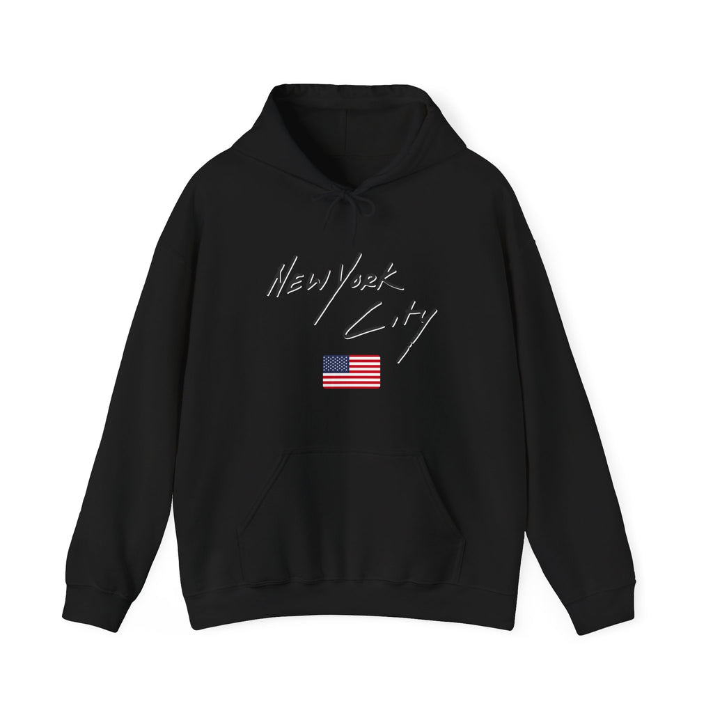 Black hoodie with 'New York City' text and American flag on a white background