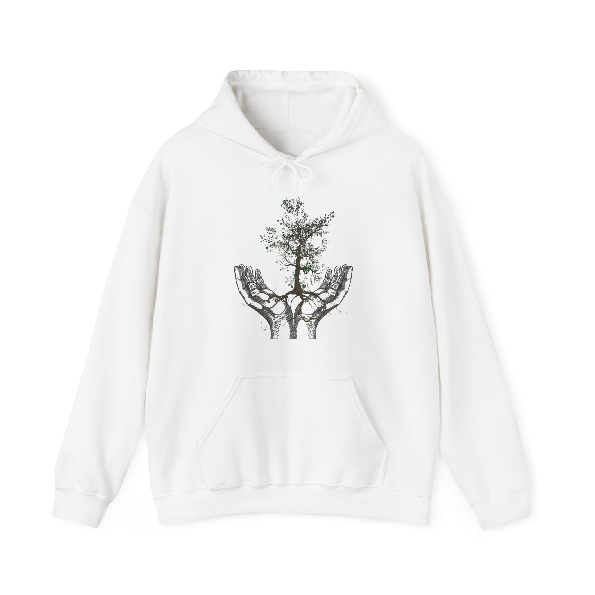 White hoodie with a graphic of a tree and hand on a white background