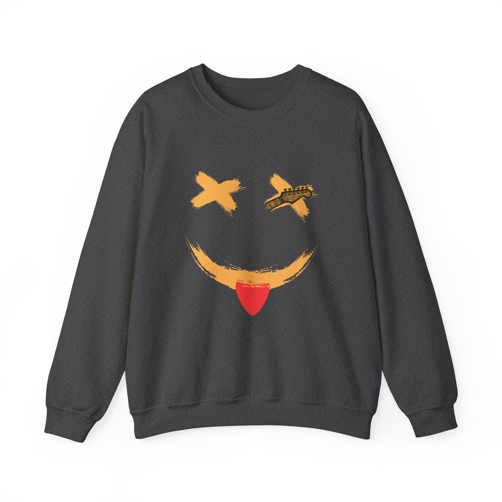 Black sweatshirt with a smiley face design on a white background