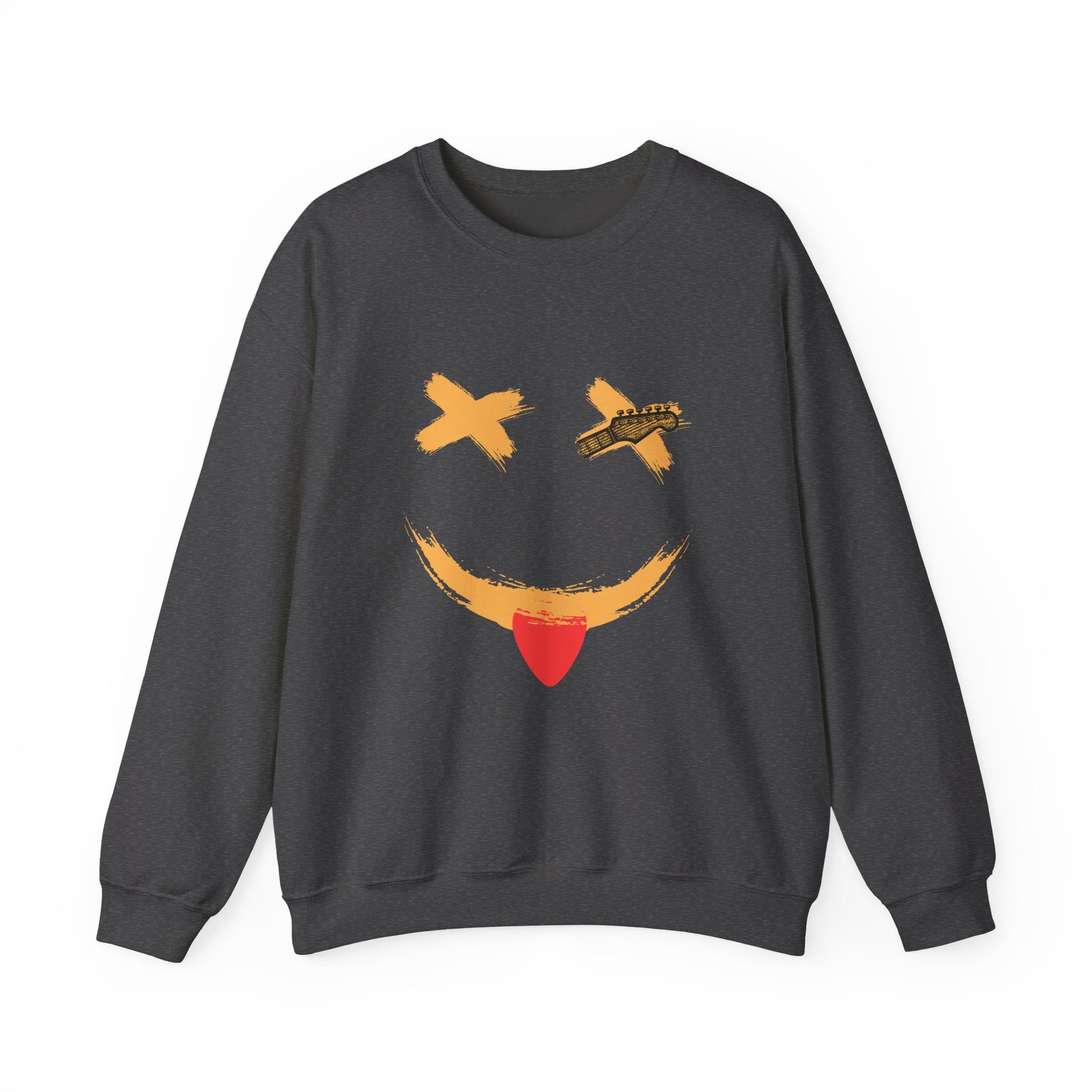Black sweatshirt with a smiley face design on a white background