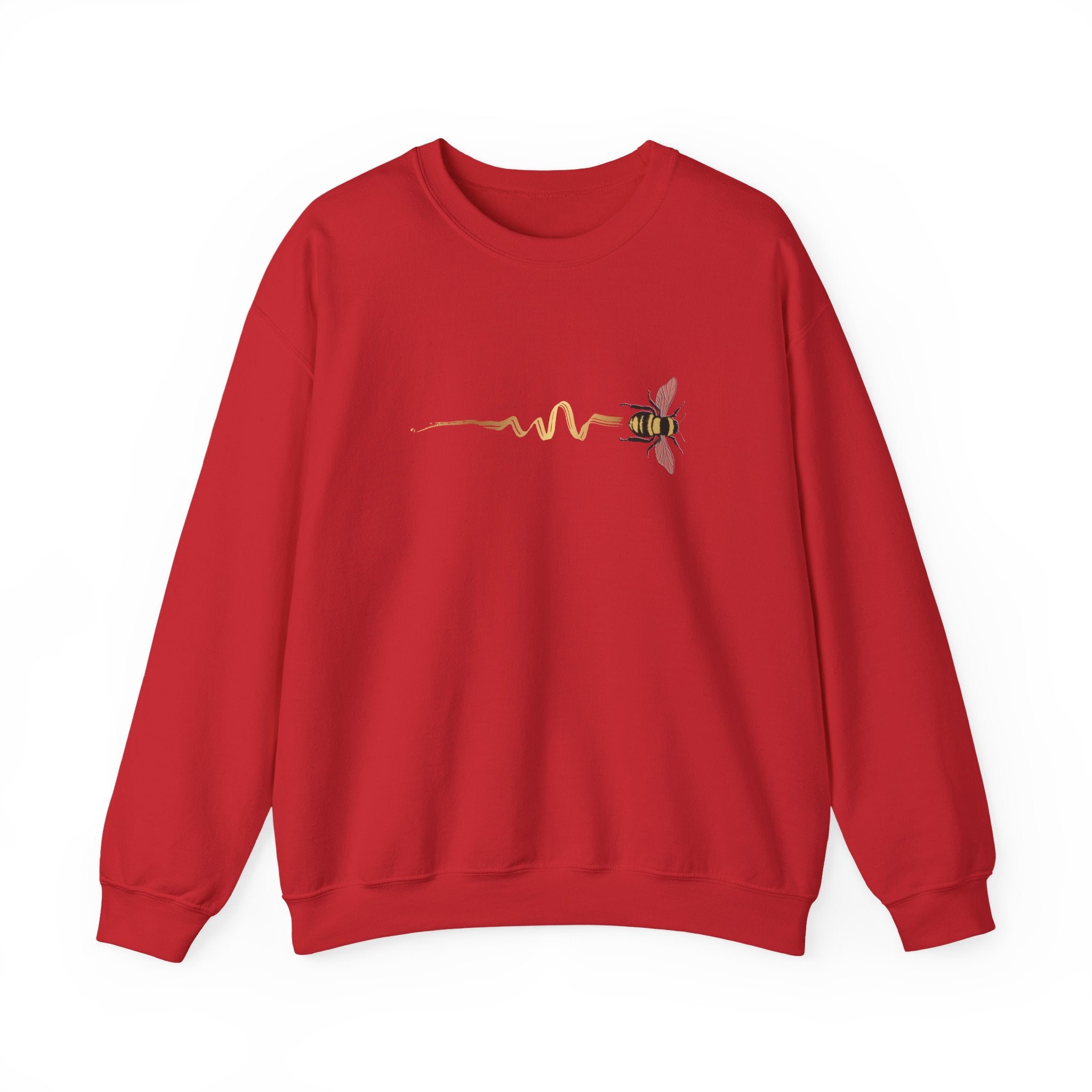 Red sweatshirt with a bee design on a white background