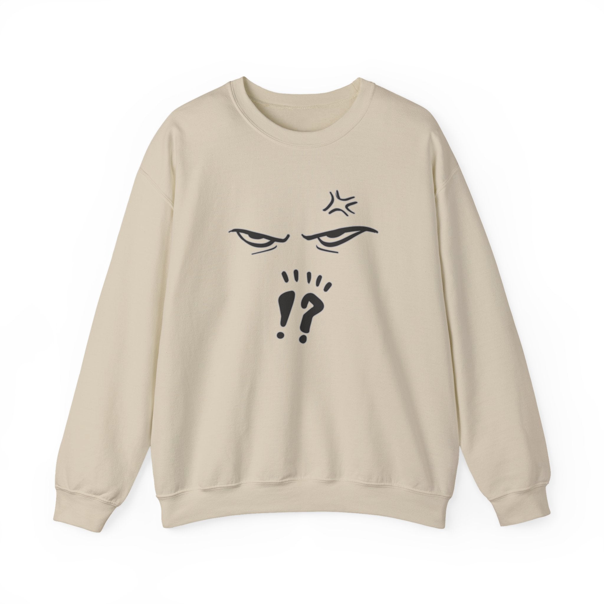 Beige sweatshirt with black anime graphic design on a white background