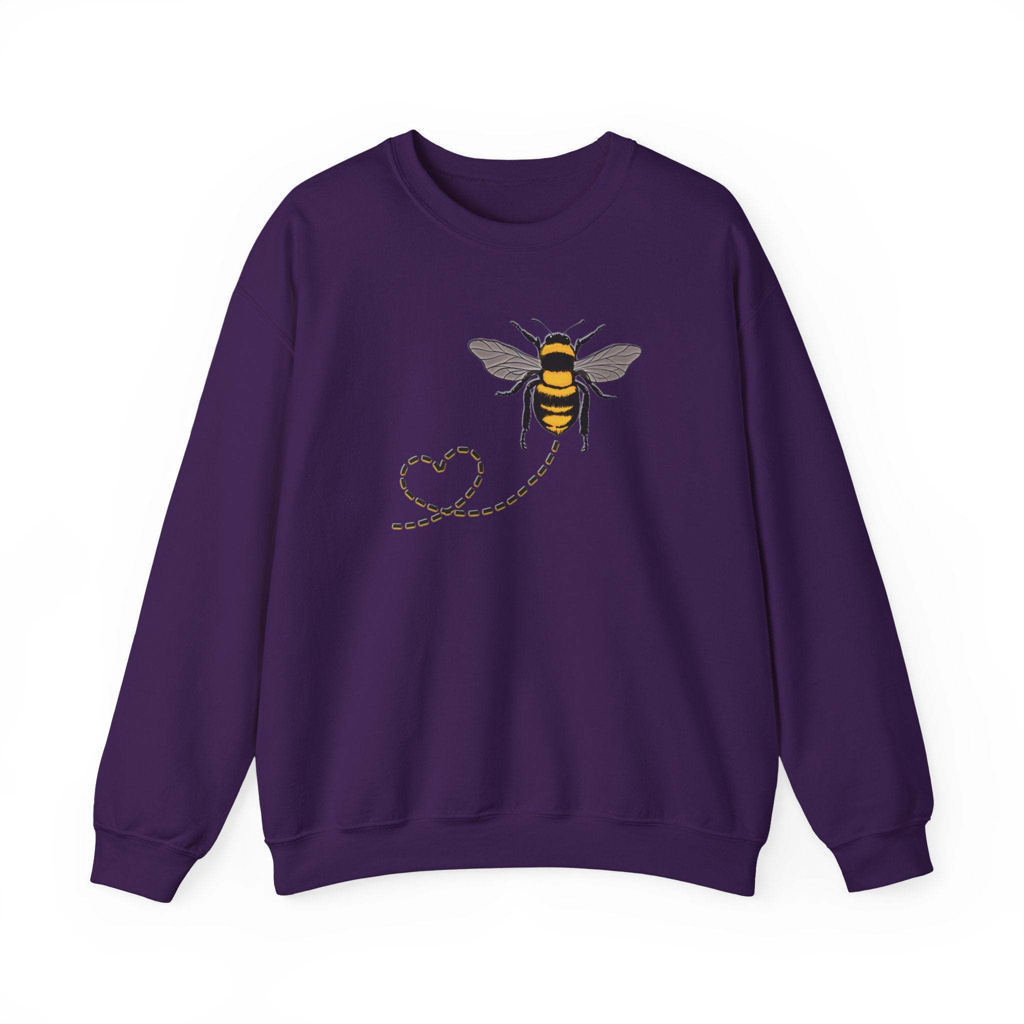 Purple sweatshirt with a bee and dotted heart design on a white background