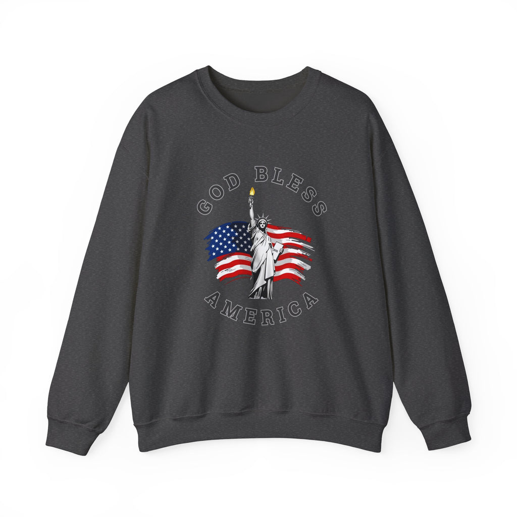 Dark gray sweatshirt with 'God Bless America' graphic featuring the Statue of Liberty and American flag on a white background.