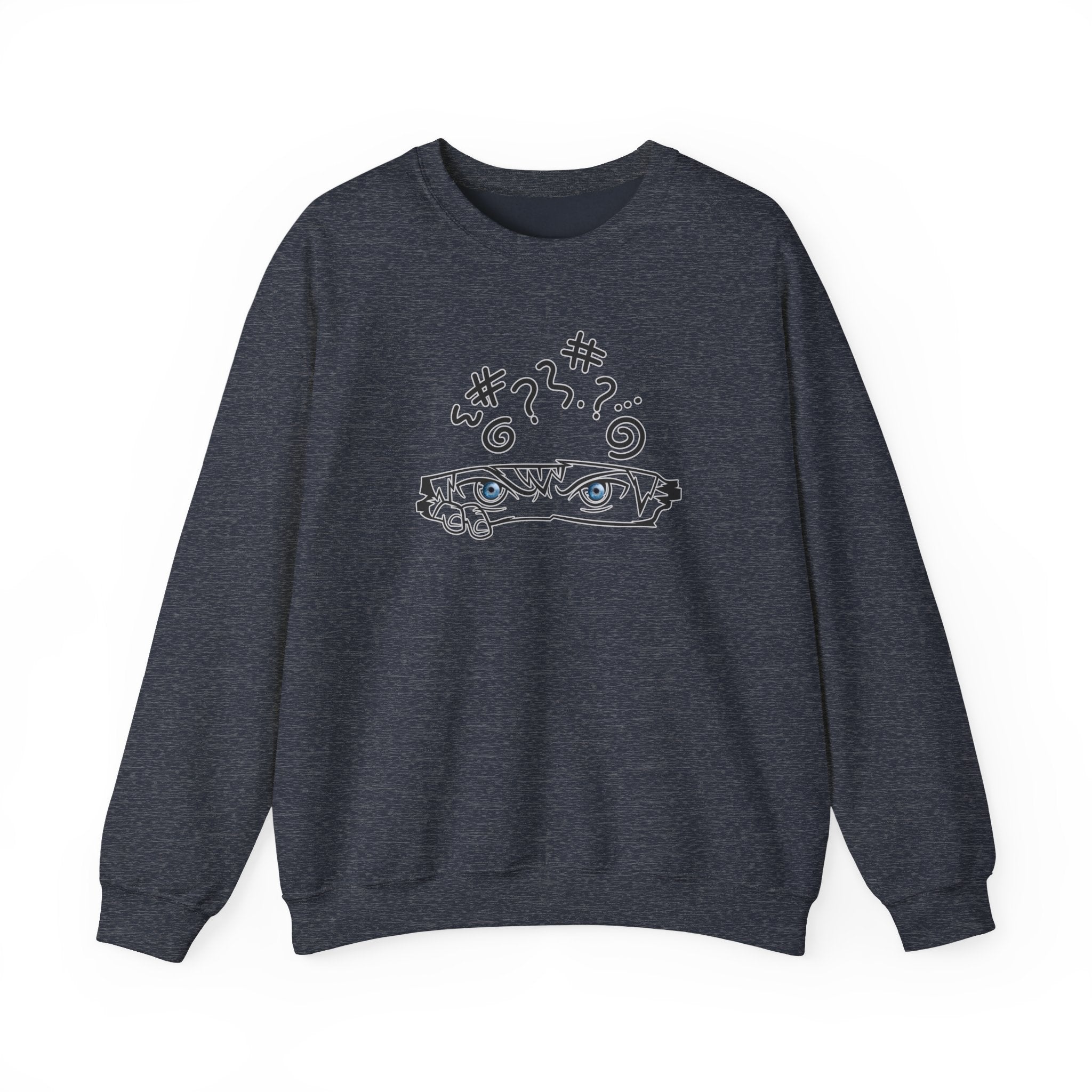 Dark navy sweatshirt with black anime graphic design on a white background