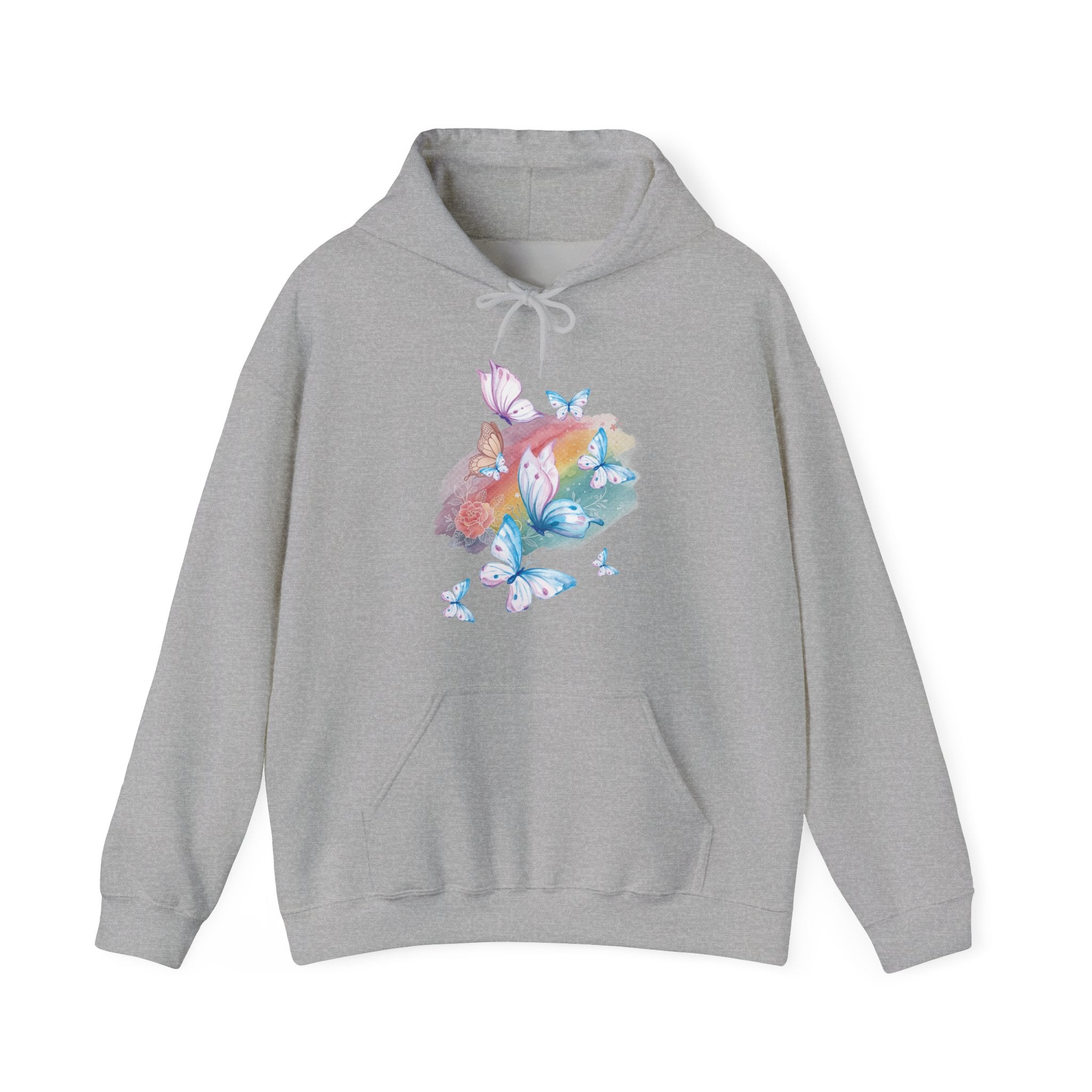 Gray hoodie with colorful butterfly design on a white background