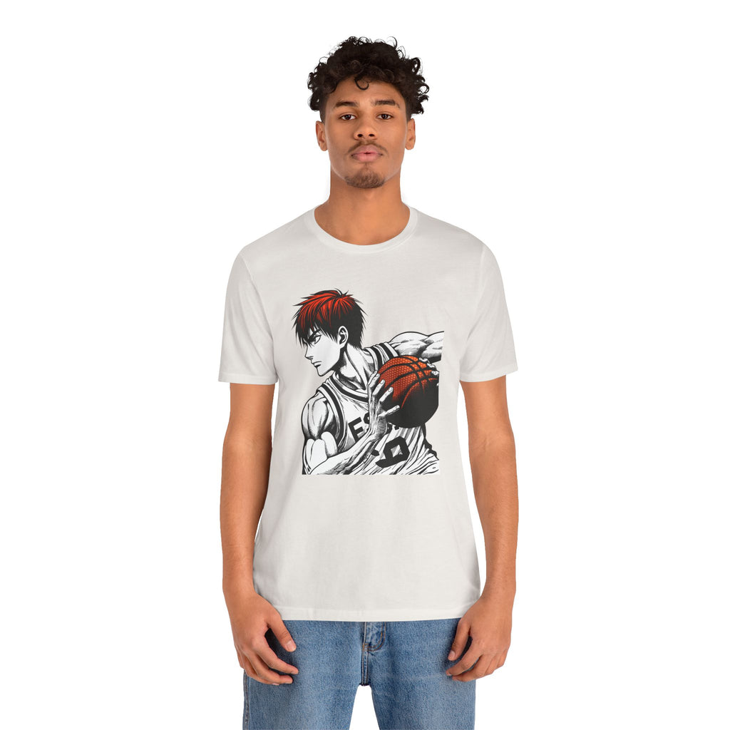 Person wearing a white t-shirt with a graphic design on a white background