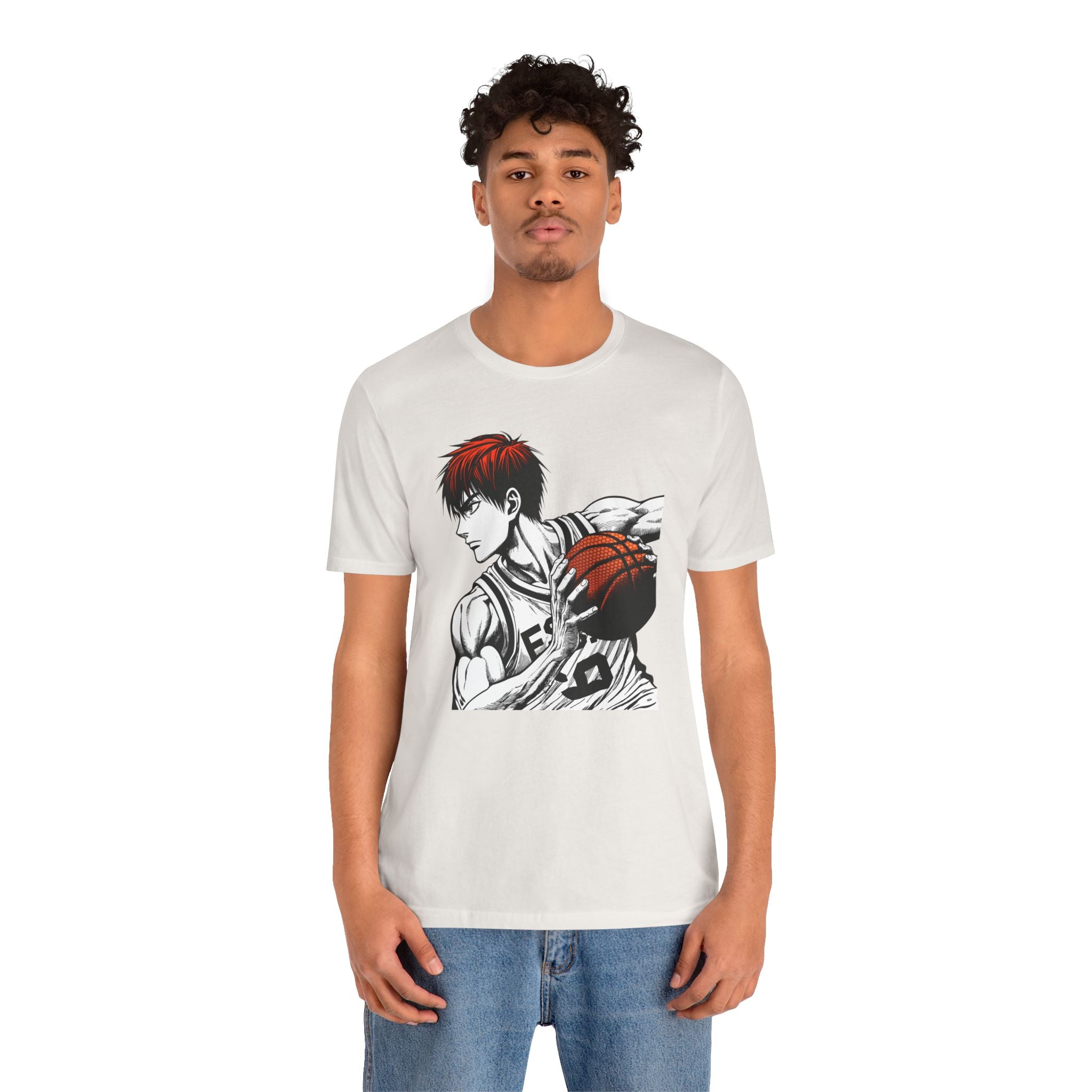 Person wearing a white t-shirt with a graphic design on a white background