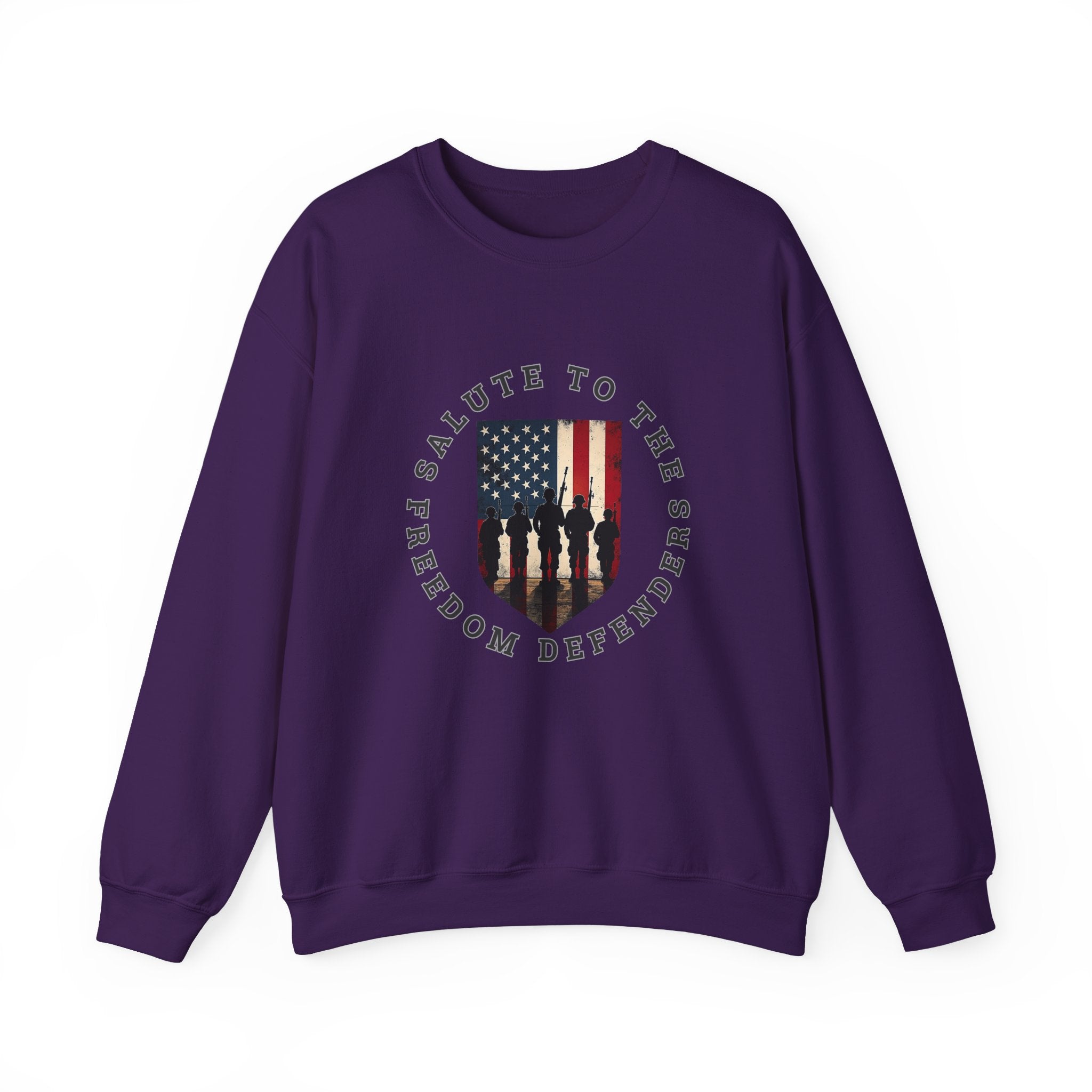 Purple sweatshirt with a graphic design of an American flag and soldiers on a white background