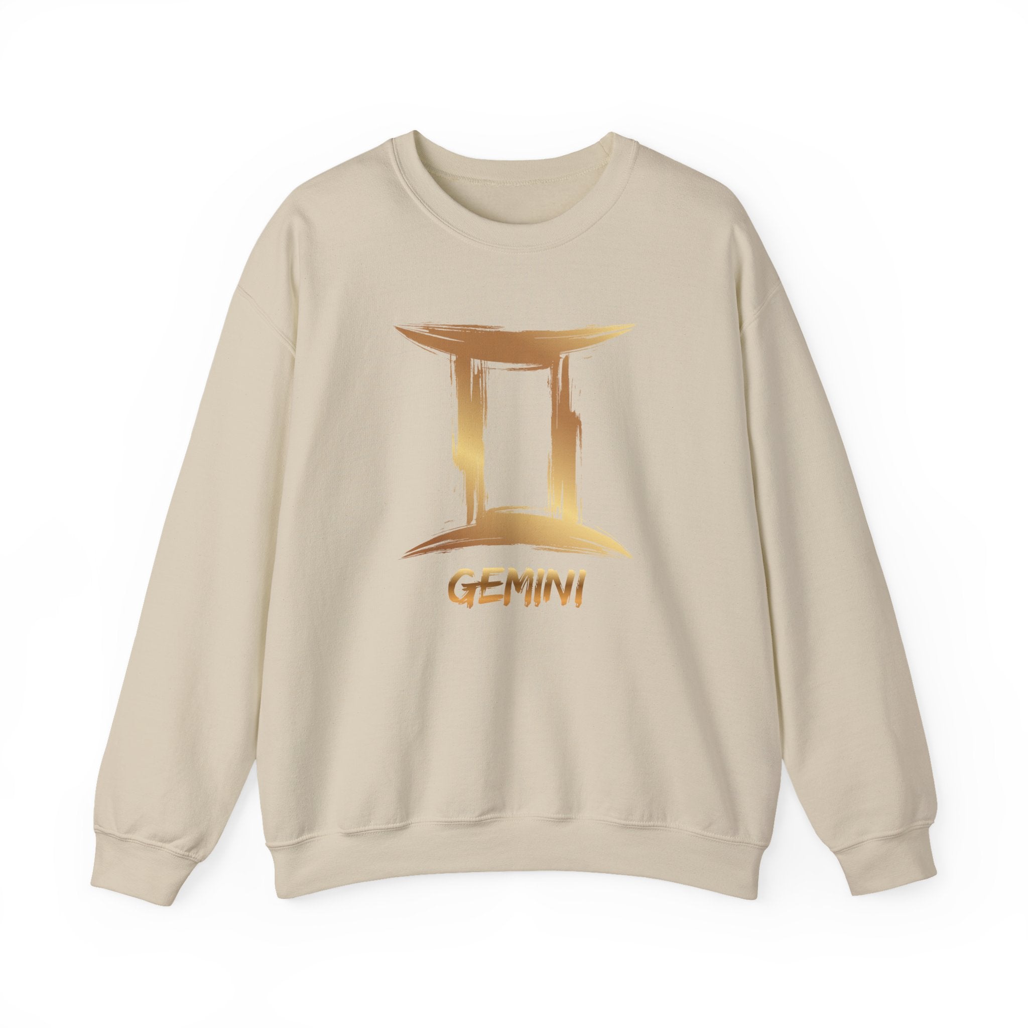 Beige sweatshirt with gold Gemini zodiac sign design on a white background