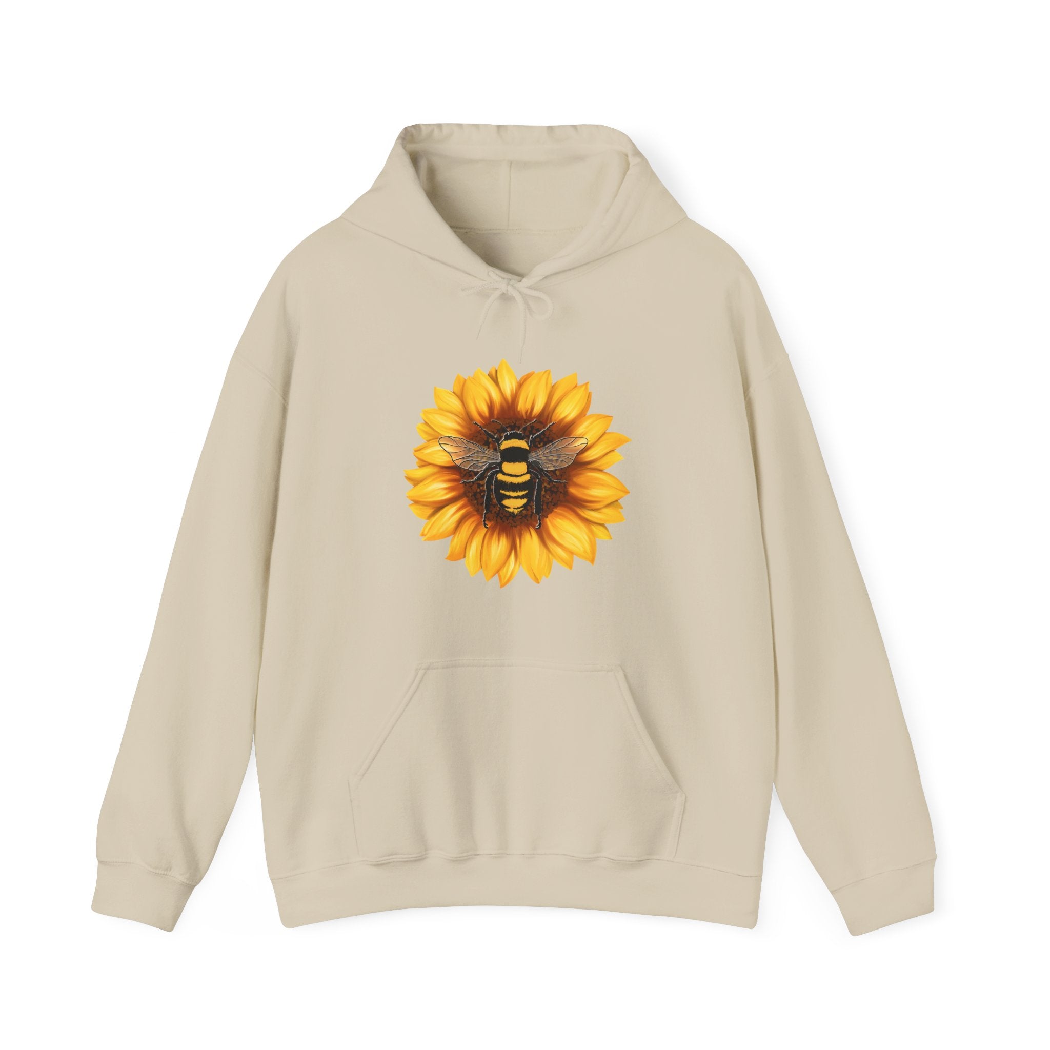 Beige hoodie with a sunflower and bee design on a white background
