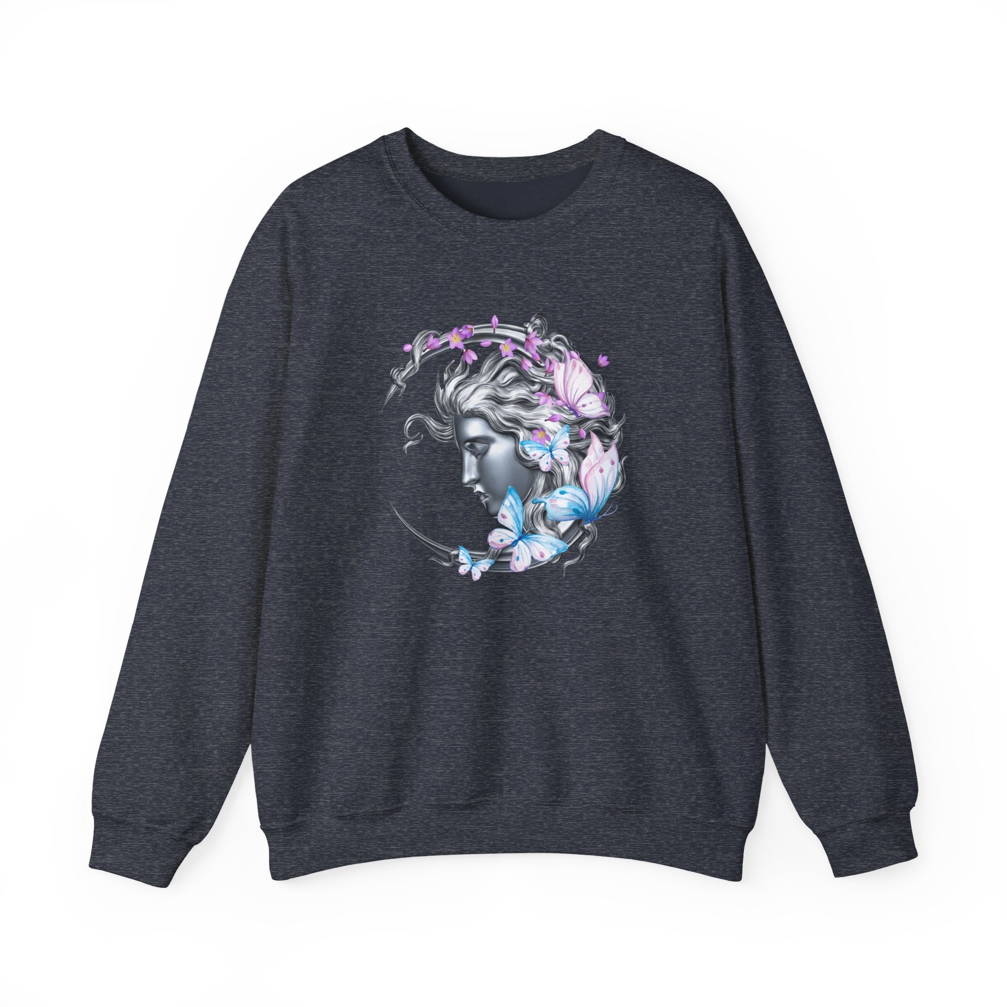 Dark navy sweatshirt with a graphic design of a woman's face surrounded by butterflies on a white background