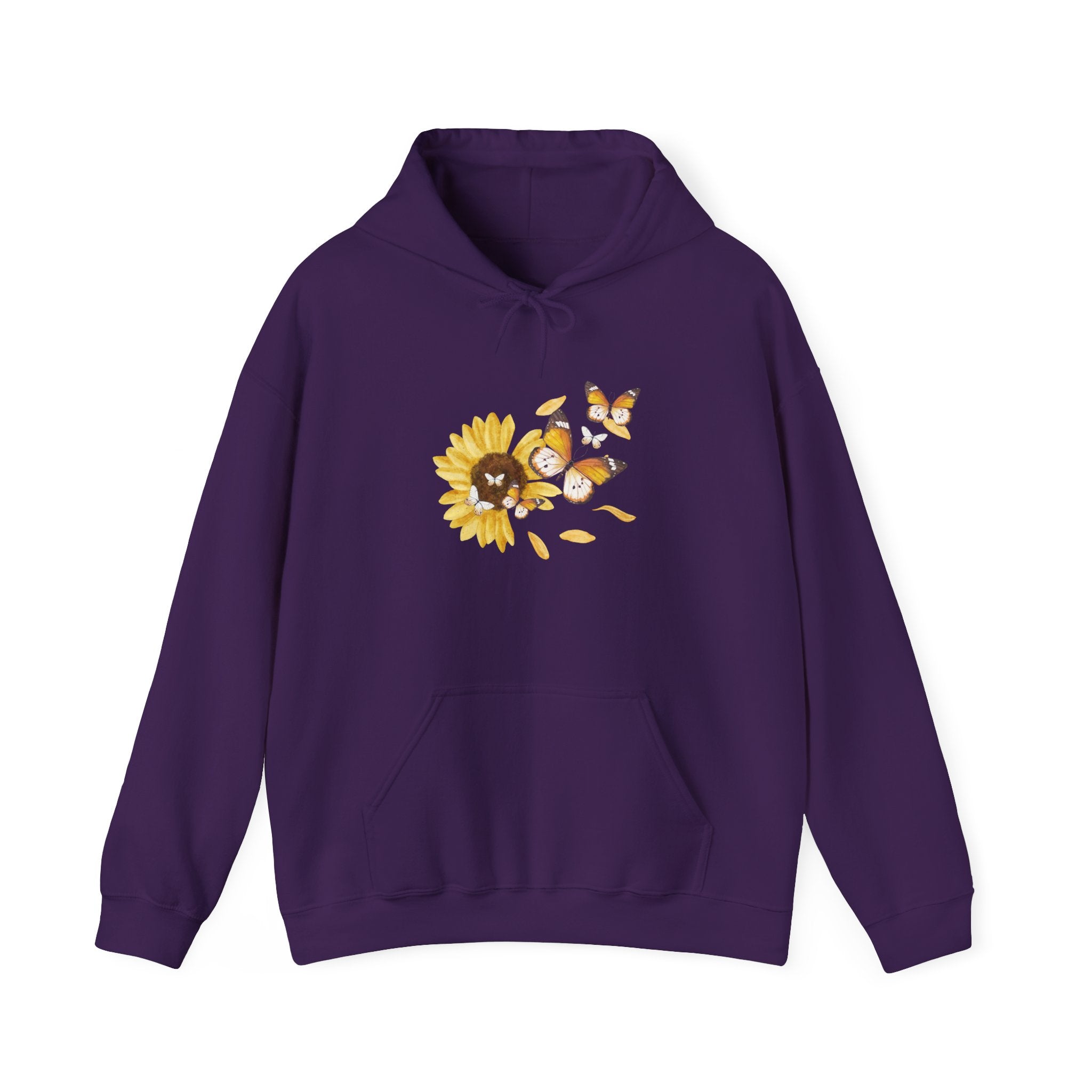 Purple hoodie with a sunflower and butterfly design on a white background