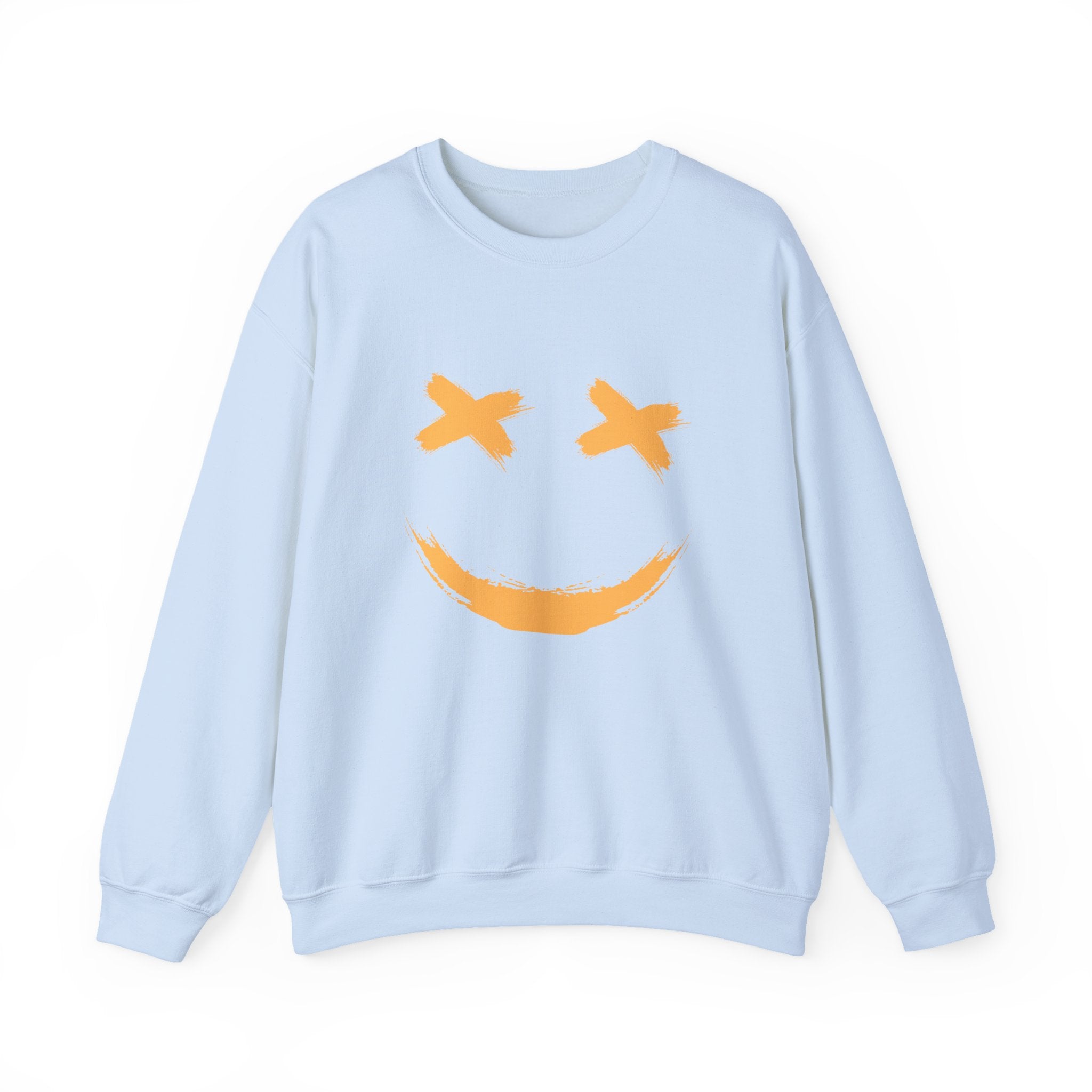 Light blue sweatshirt with a smiley face design on a white background