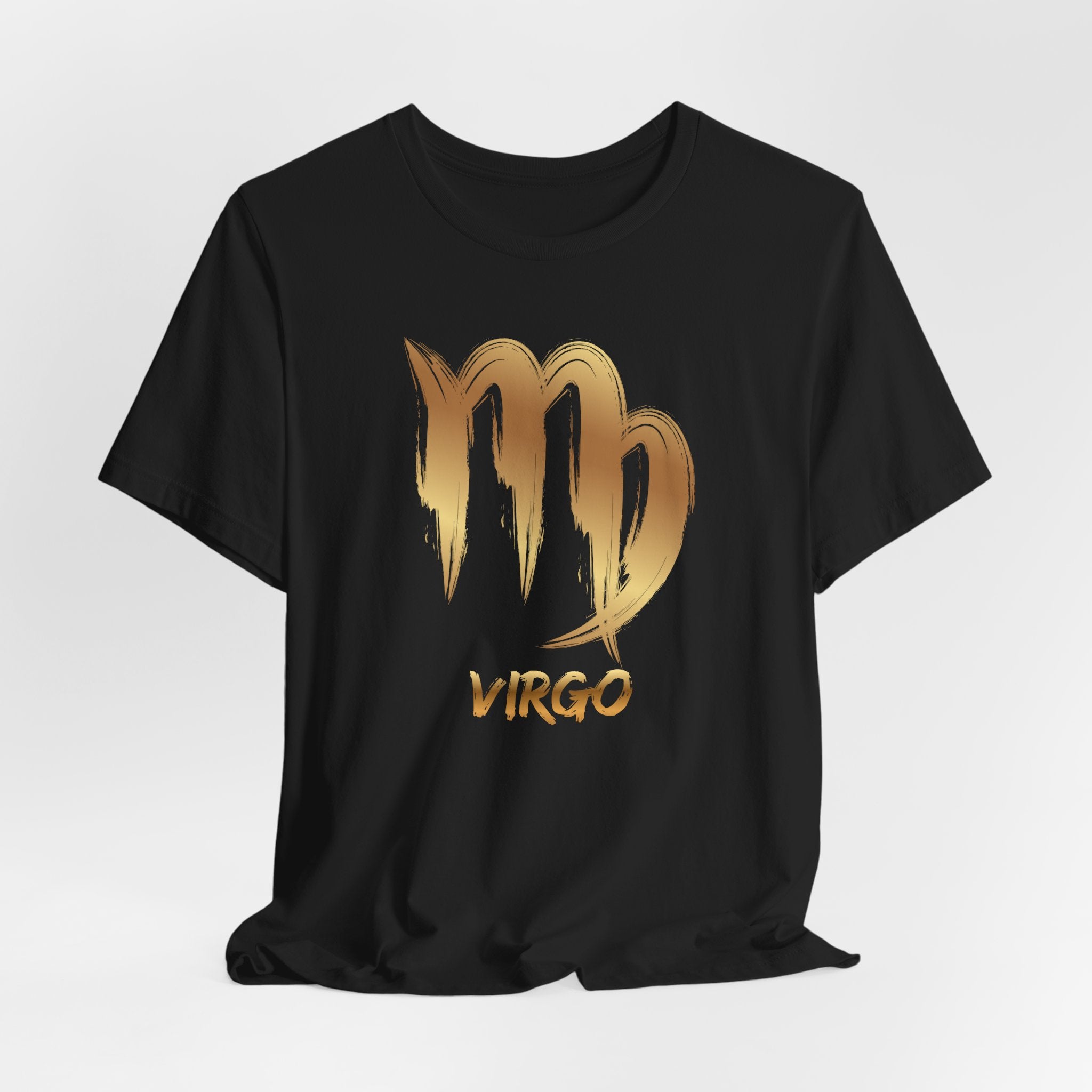 Black t-shirt with gold Virgo zodiac sign design on a white background