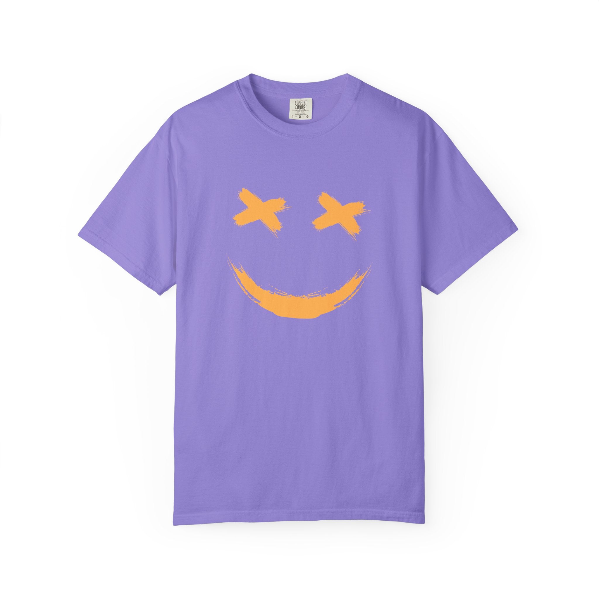 Purple t-shirt with a smiley logo on the chest against a white background