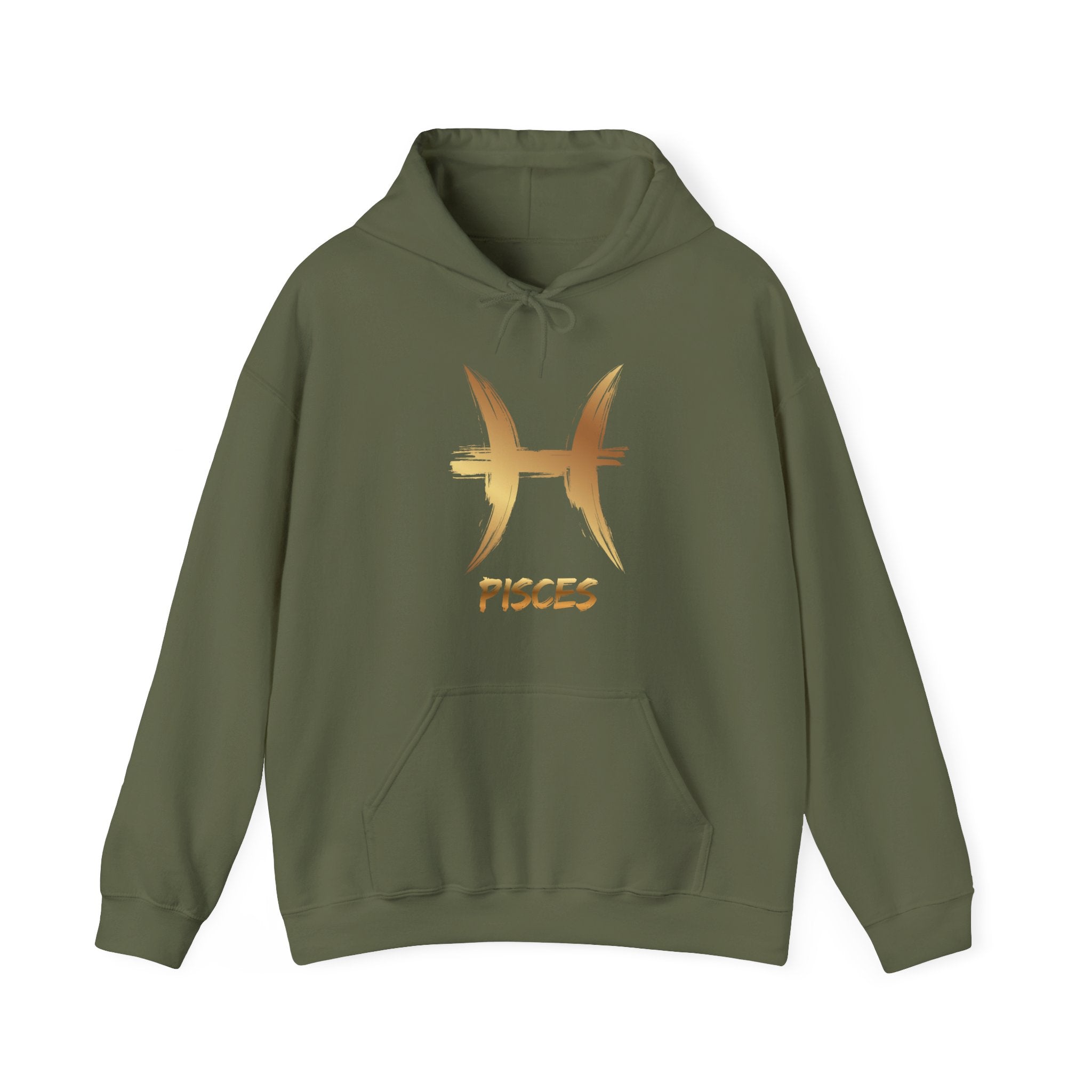 Green hoodie with gold Pisces symbol and text on a white background