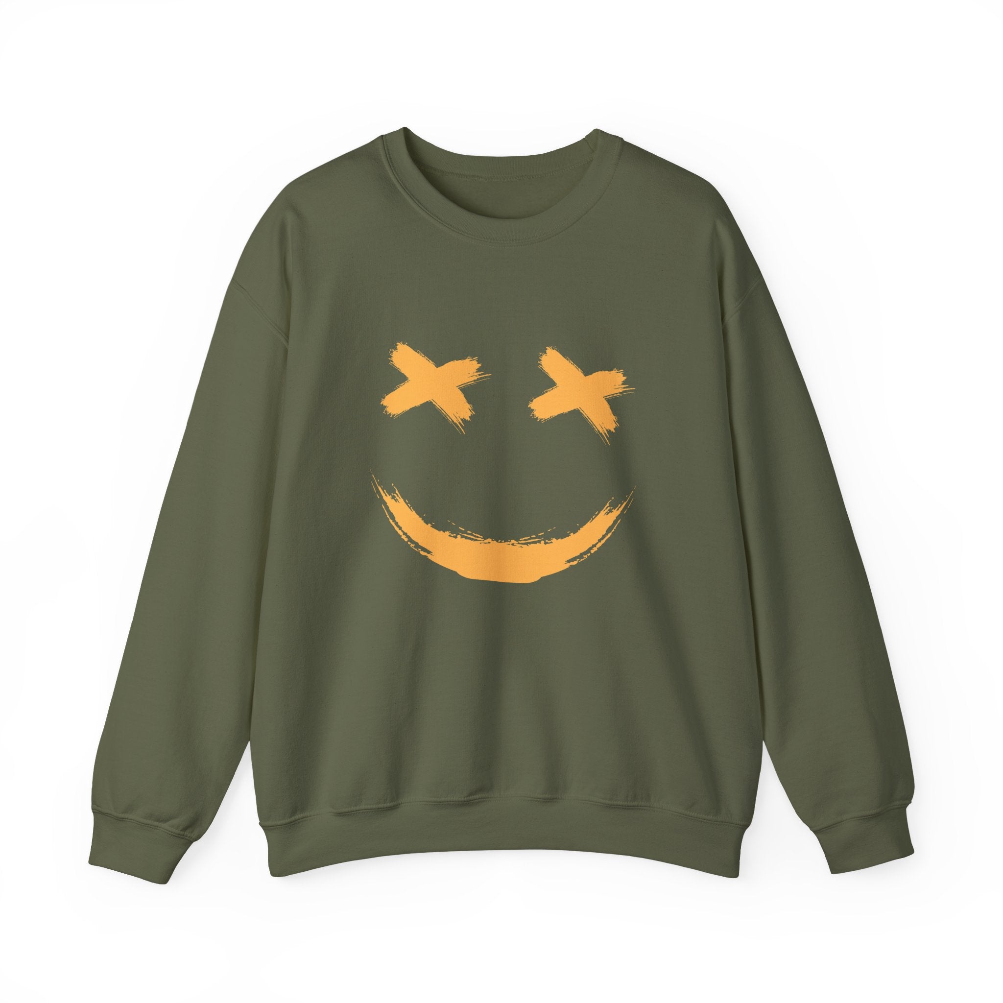 Green sweatshirt with a yellow smiley face design on a white background