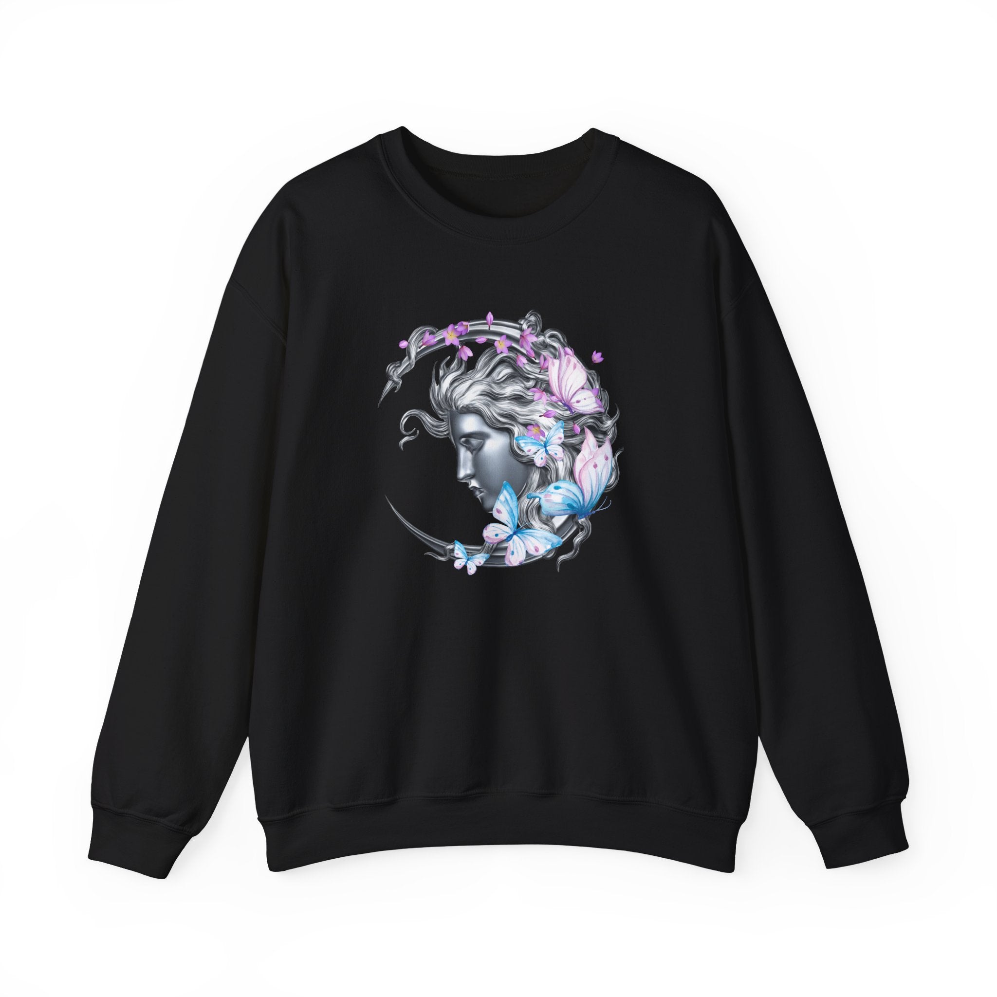 Black sweatshirt with a graphic design of a woman's face surrounded by butterflies on a white background