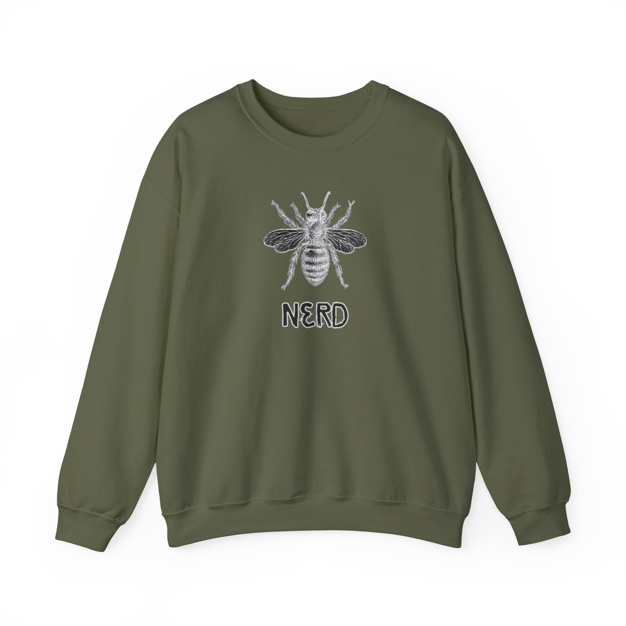 Green sweatshirt with bee and 'NERD' text design on a white background
