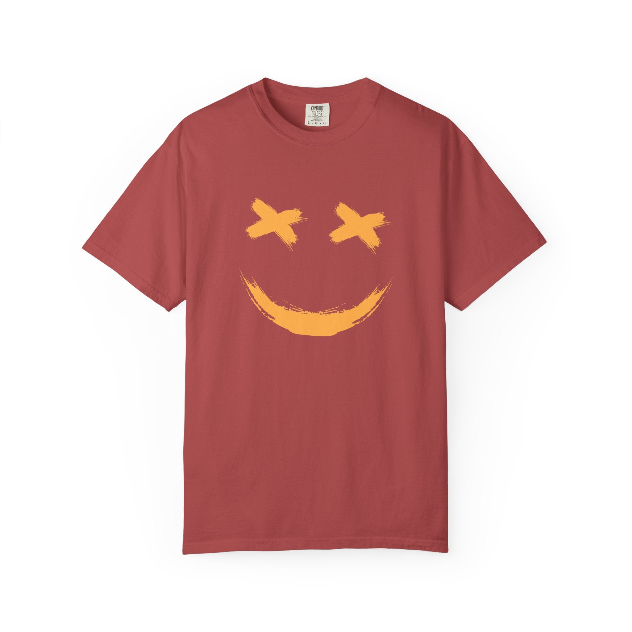 Crimson t-shirt with a smiley logo on the chest against a white background