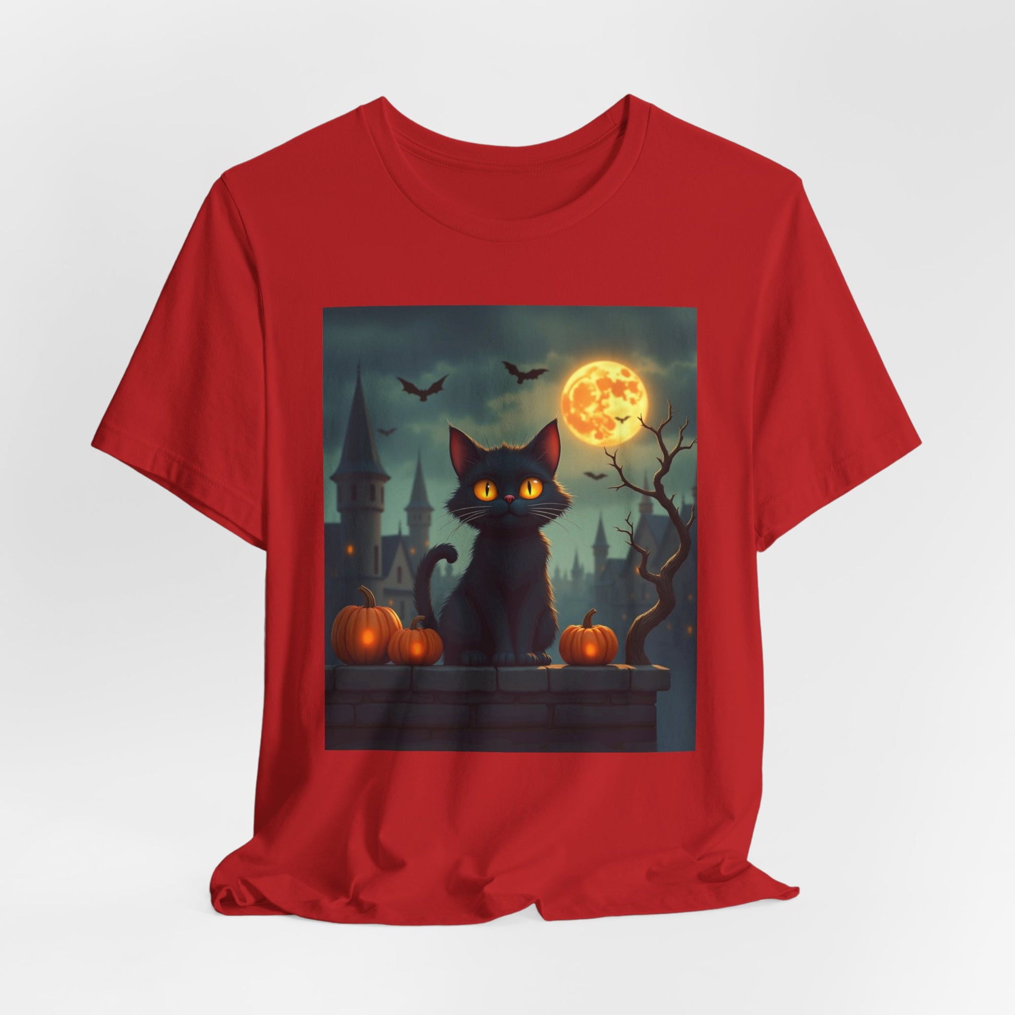 Halloween Cat with Bats and Orange Pumpkins T-shirt for Men and Women