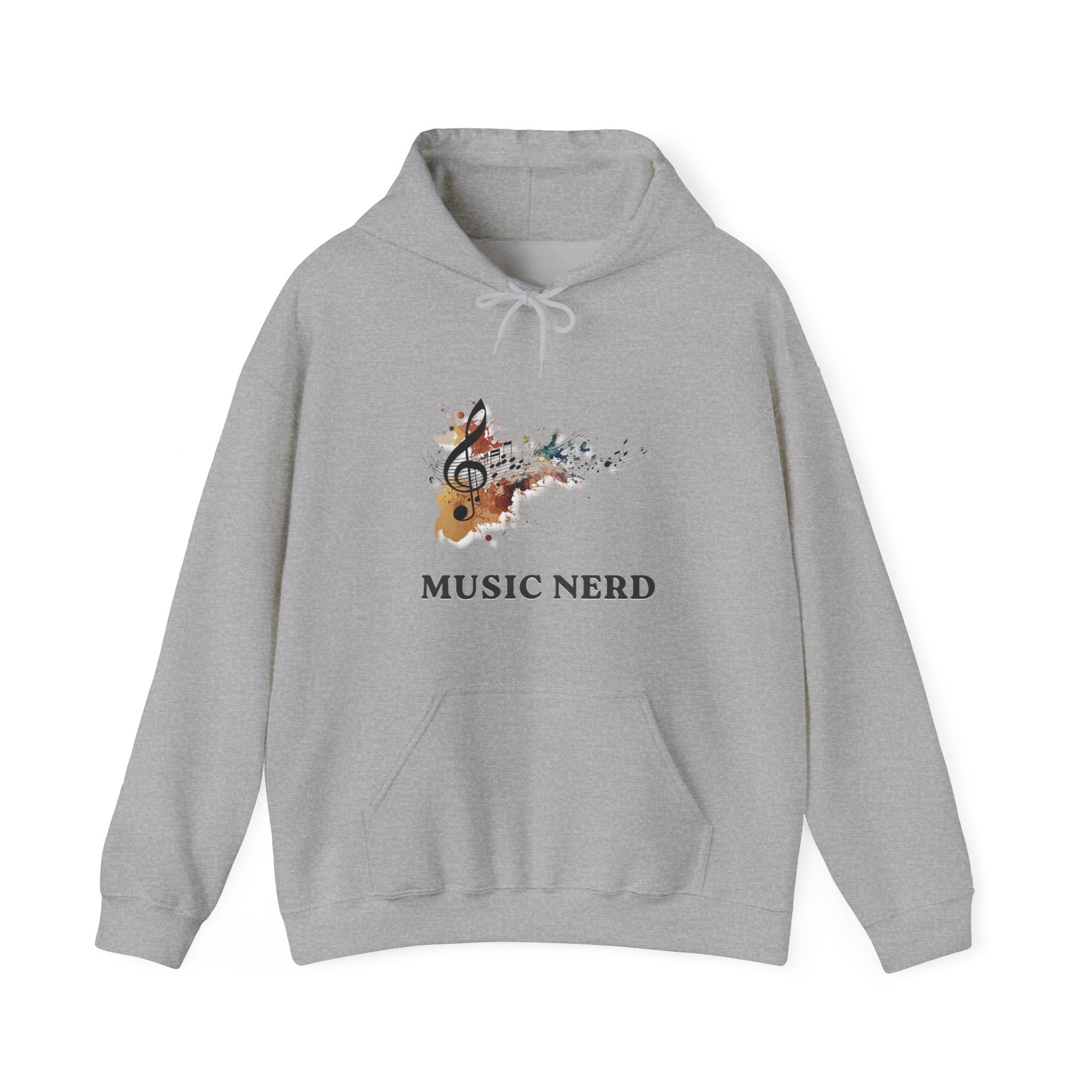 Gray hoodie with 'Music Nerd' design on a white background