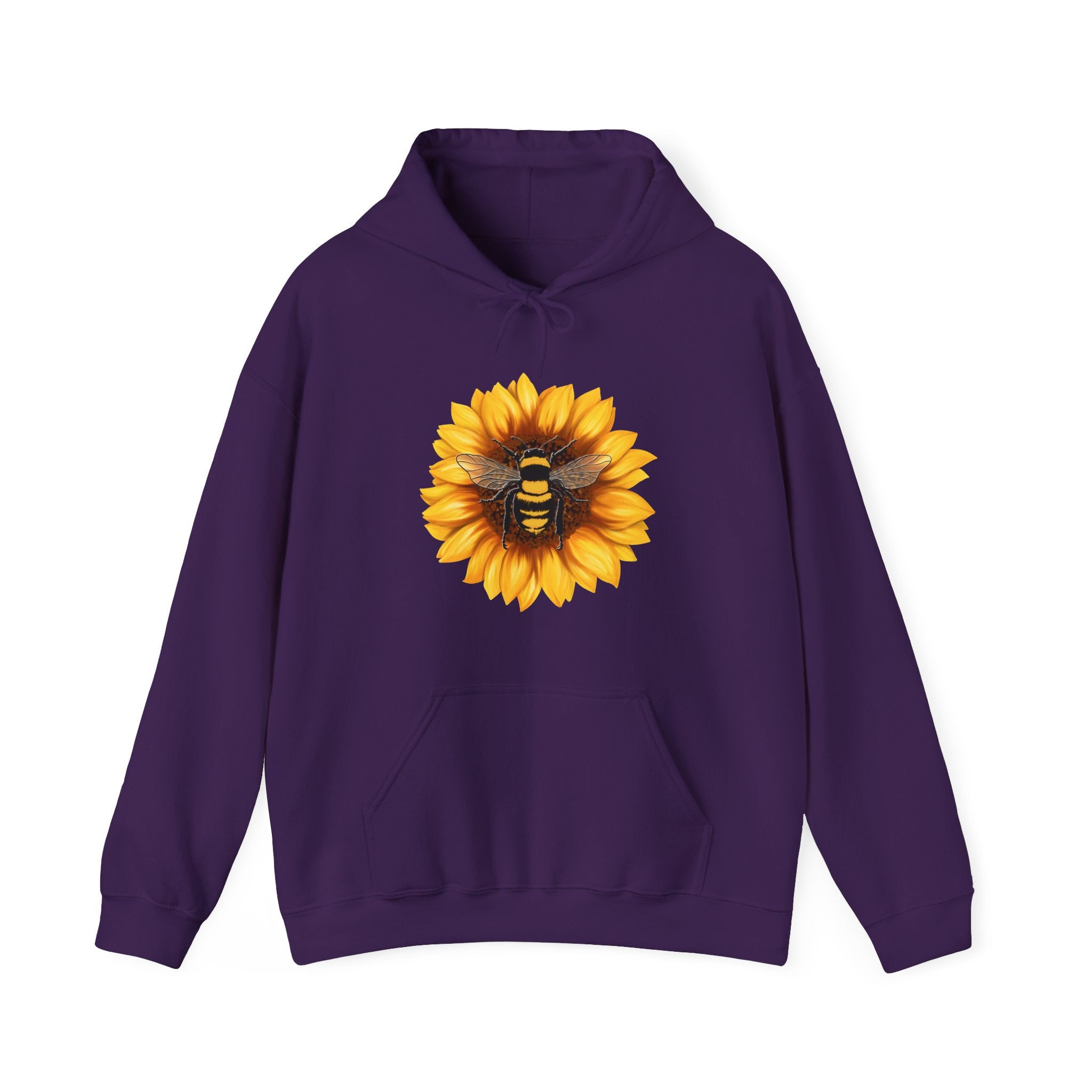Purple hoodie with a sunflower and bee design on a white background