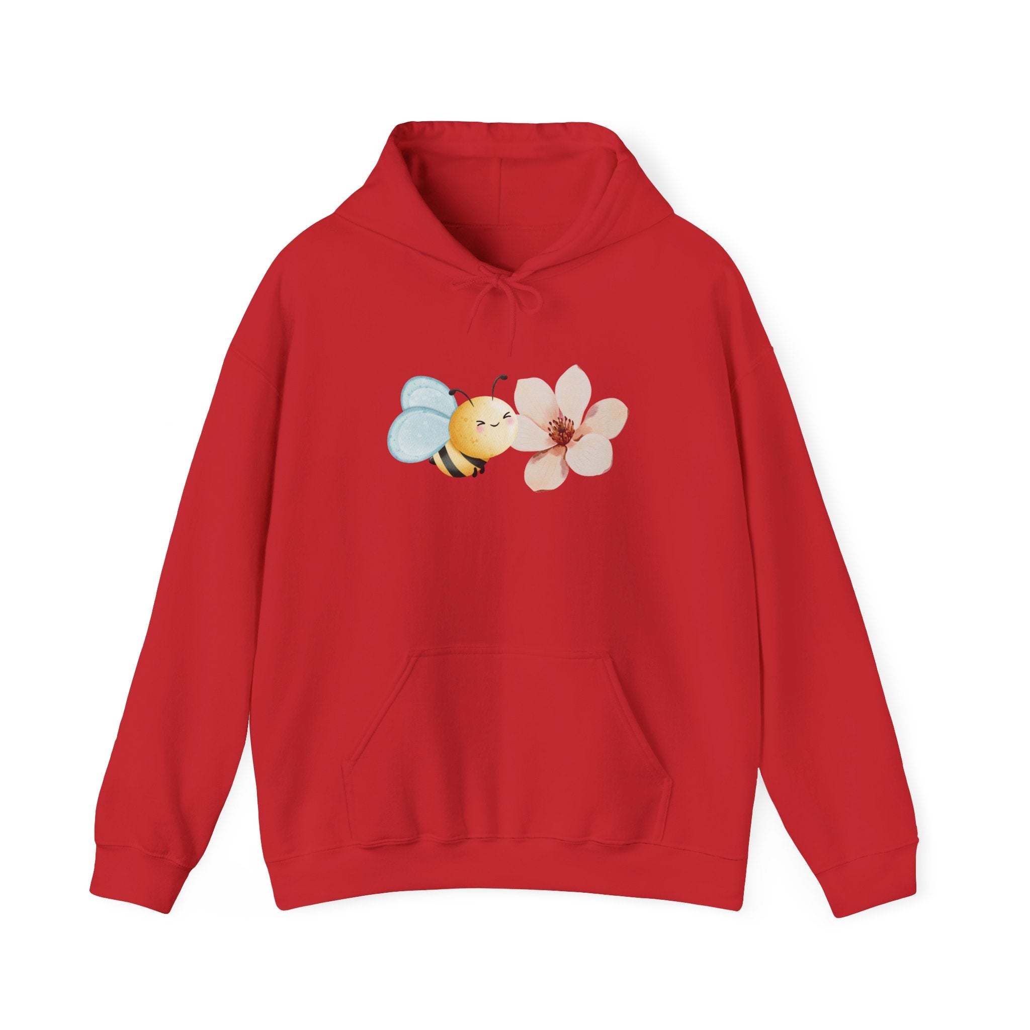 Red hoodie with a bee and flower design on a white background