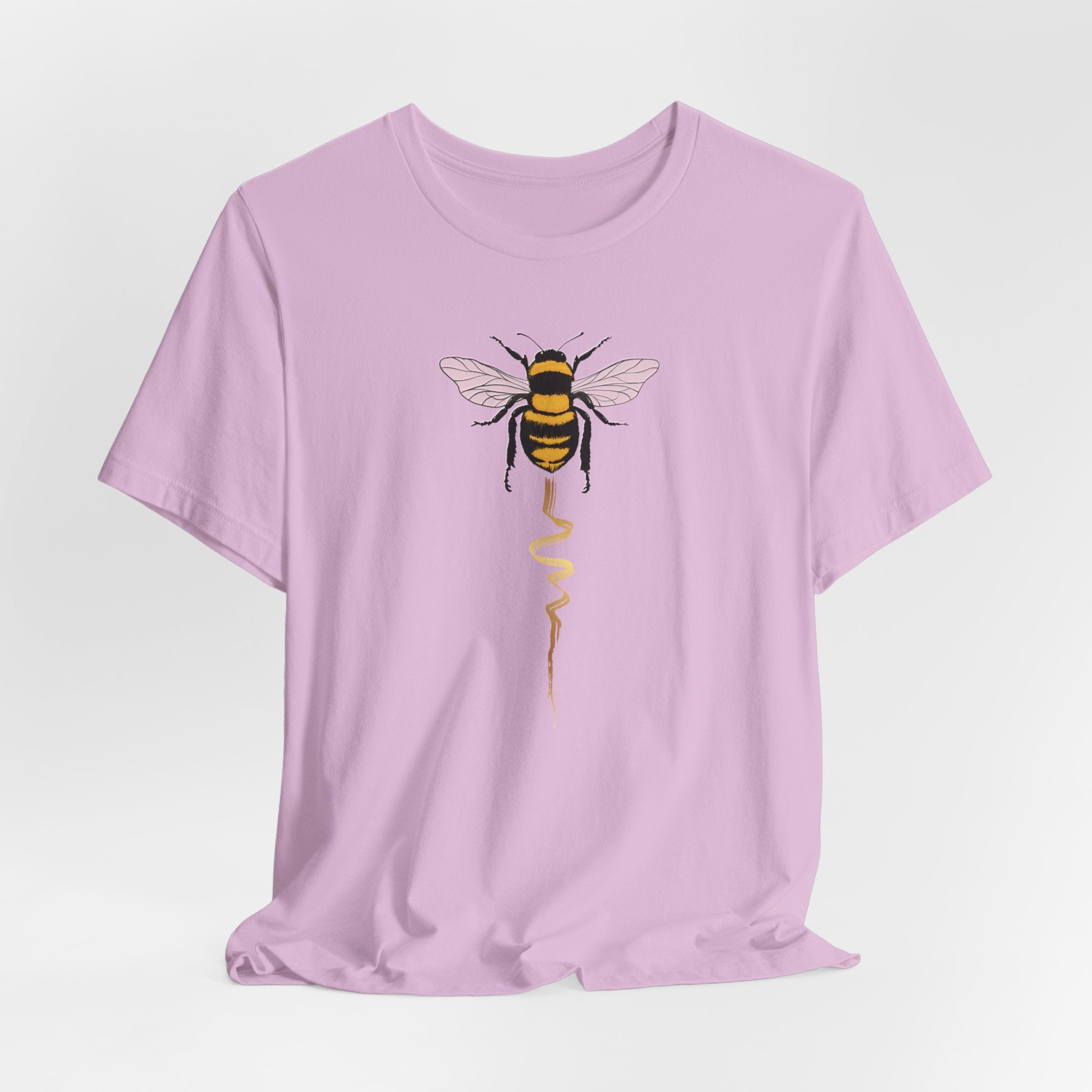 Light purple t-shirt with a bee graphic on a light gray background