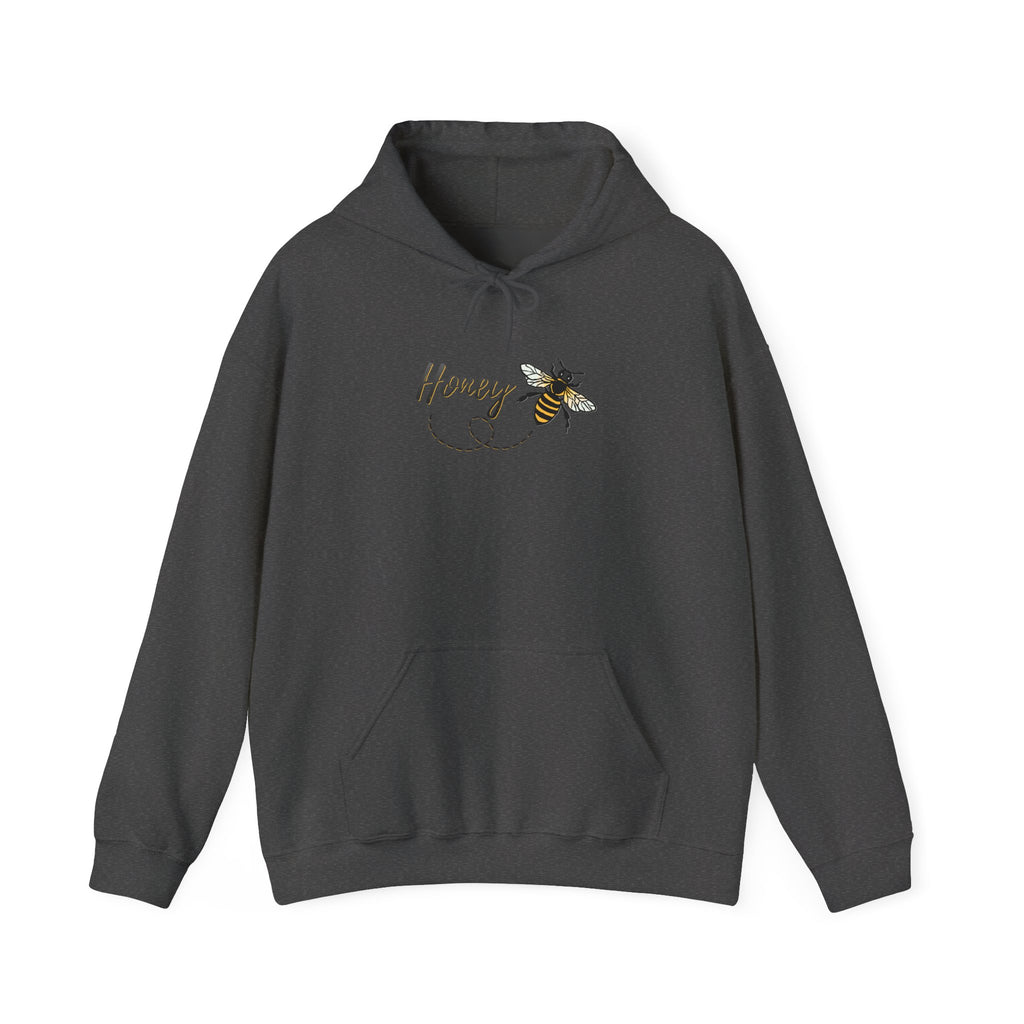 Dark gray hoodie with honey bee animal & text "Honey" on a white background