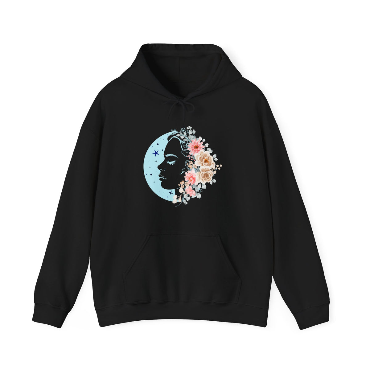 Black hoodie with floral face moon design on a white background