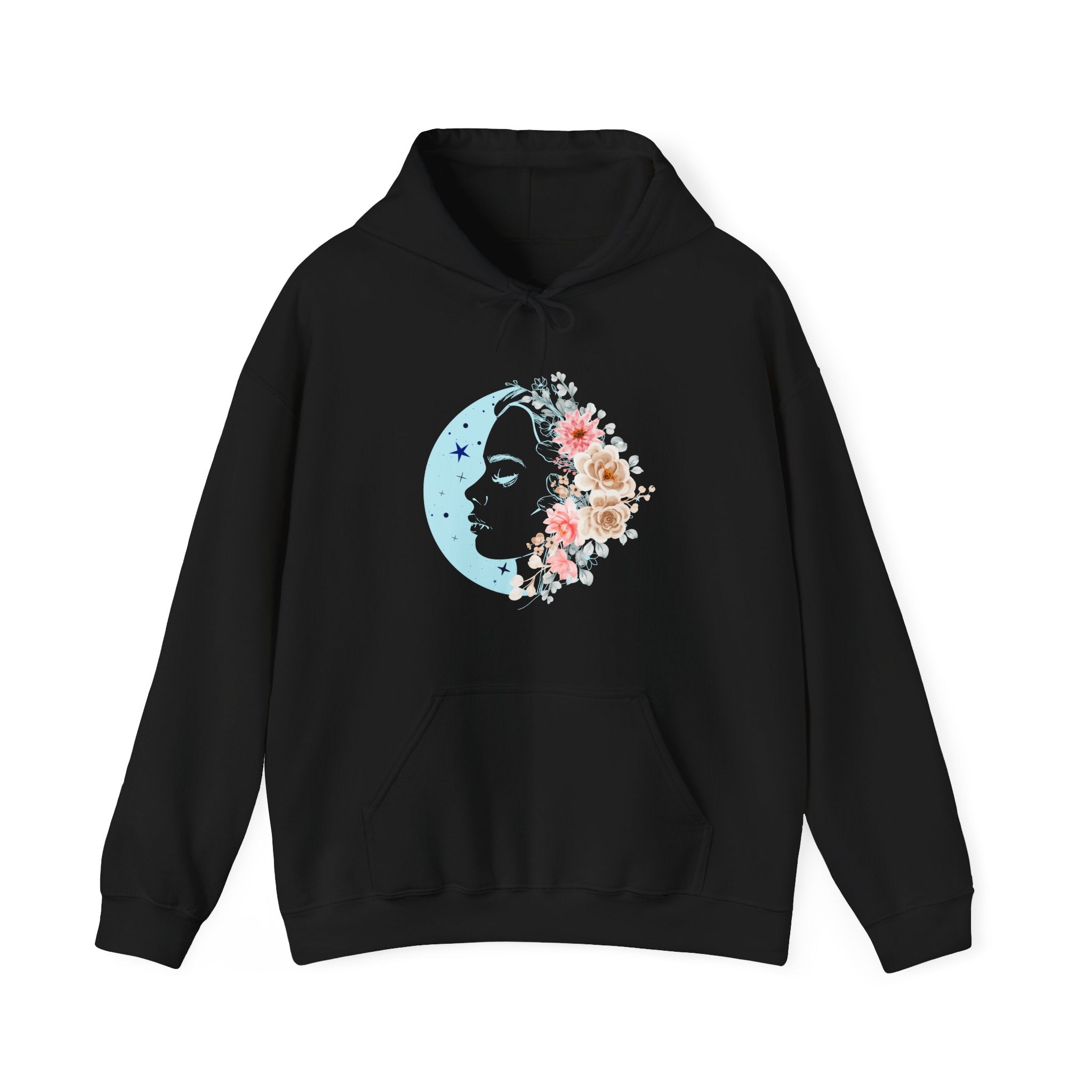 Black hoodie with floral face moon design on a white background