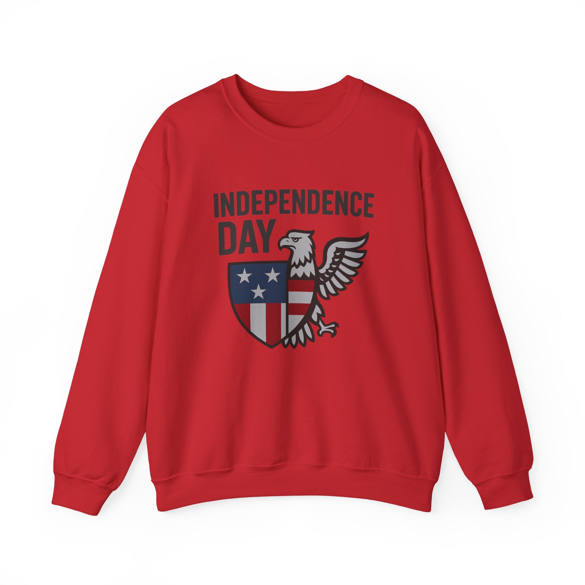 Red sweatshirt with 'Independence Day' and eagle design on a white background