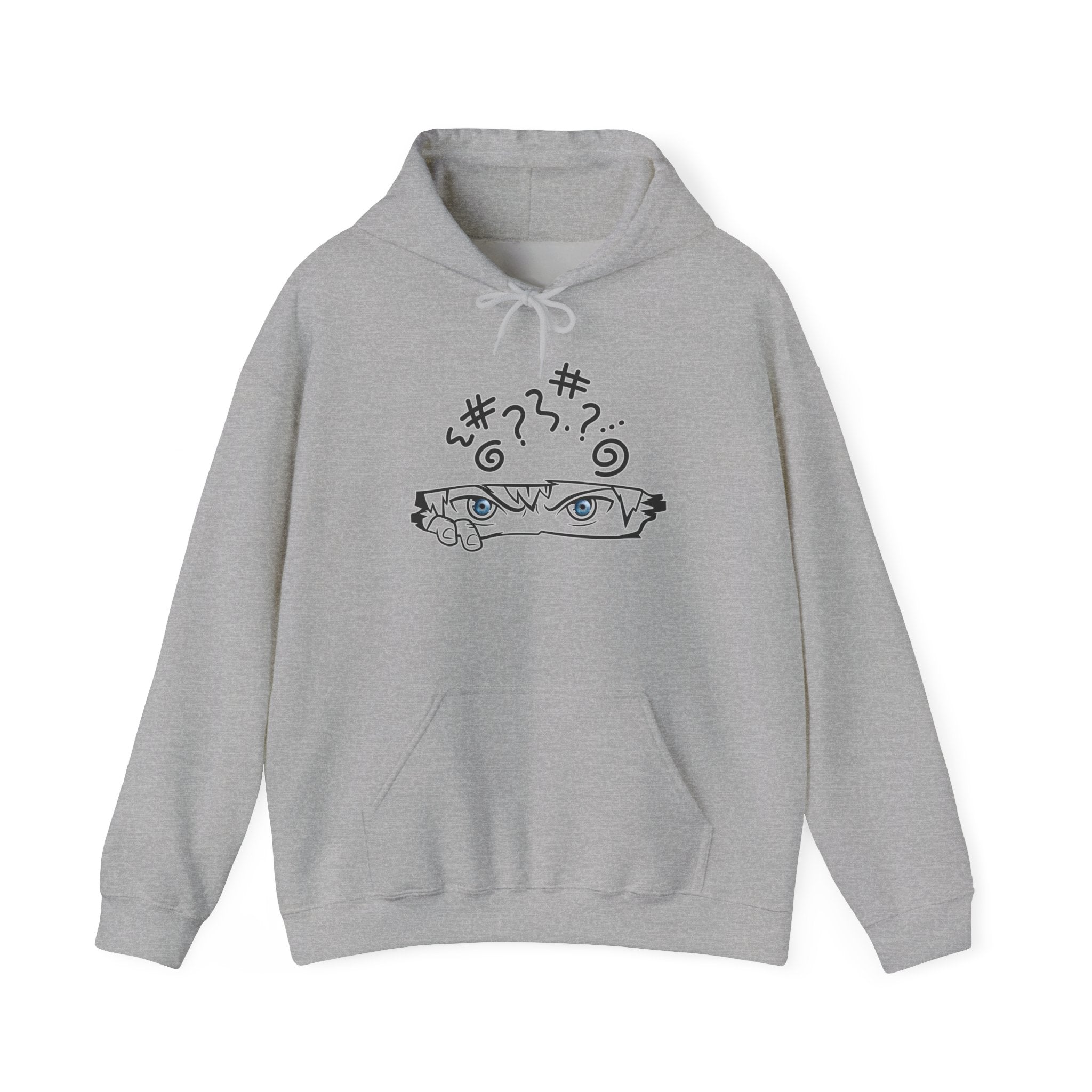 Gray hoodie with a graphic anime design against a white background
