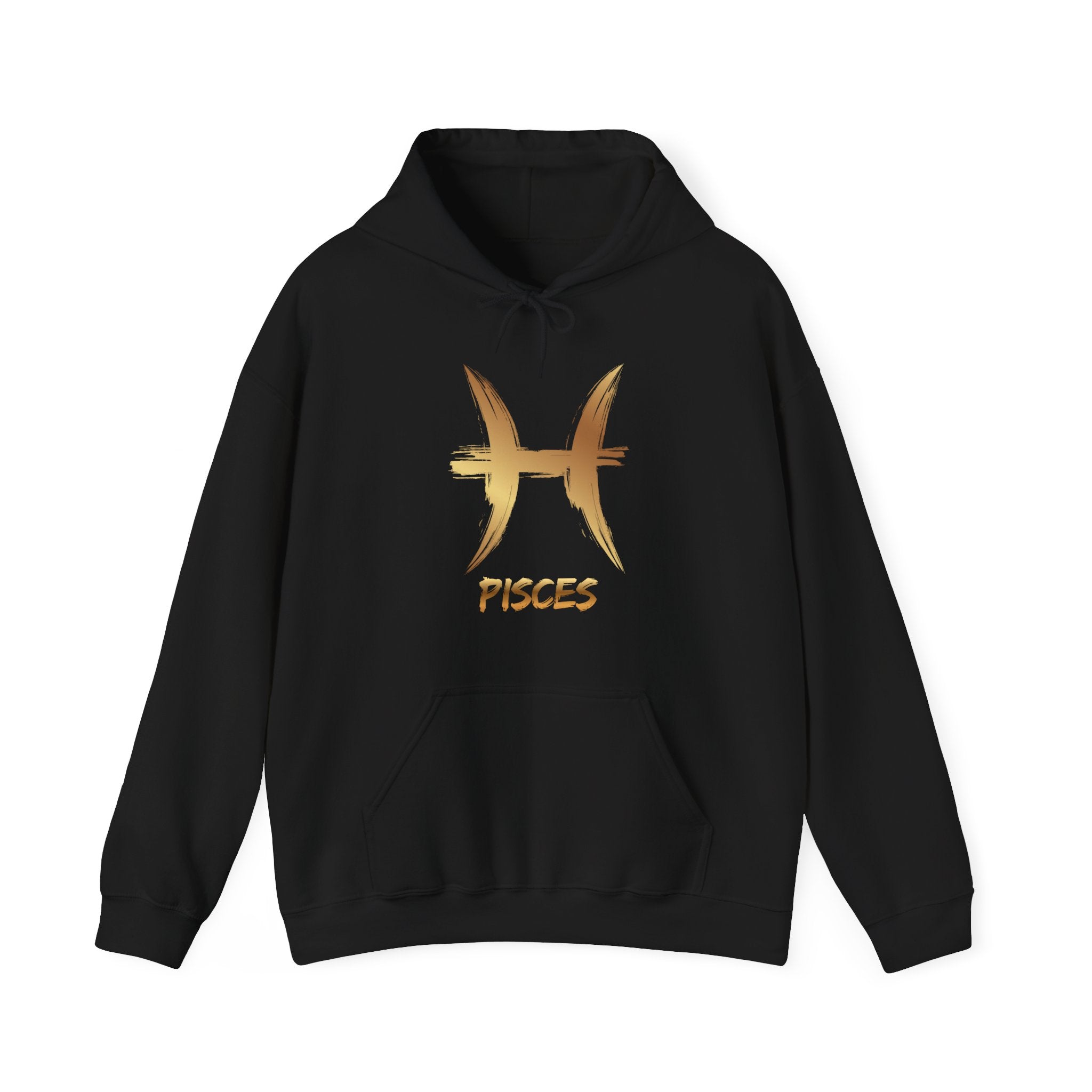 Black hoodie with gold Pisces symbol and text on a white background