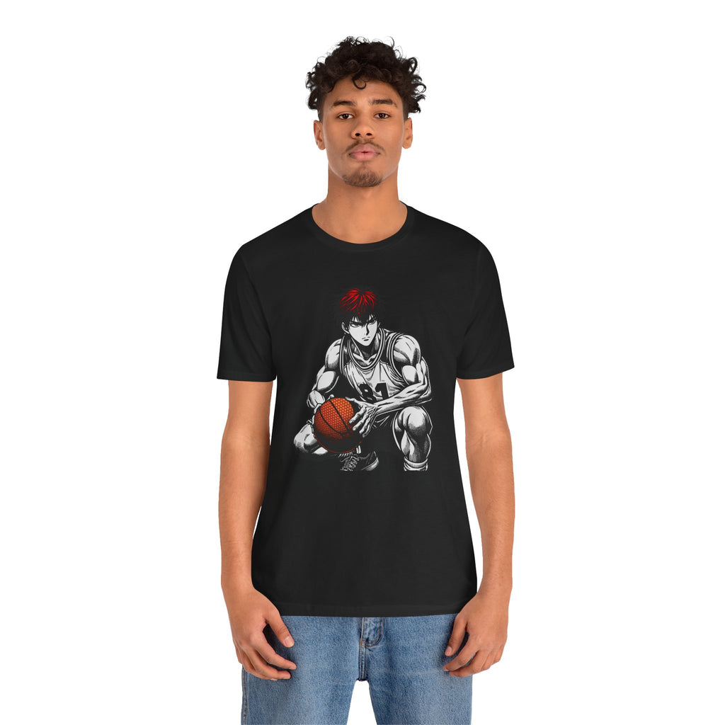 Person wearing a black t-shirt with a graphic design on a white background